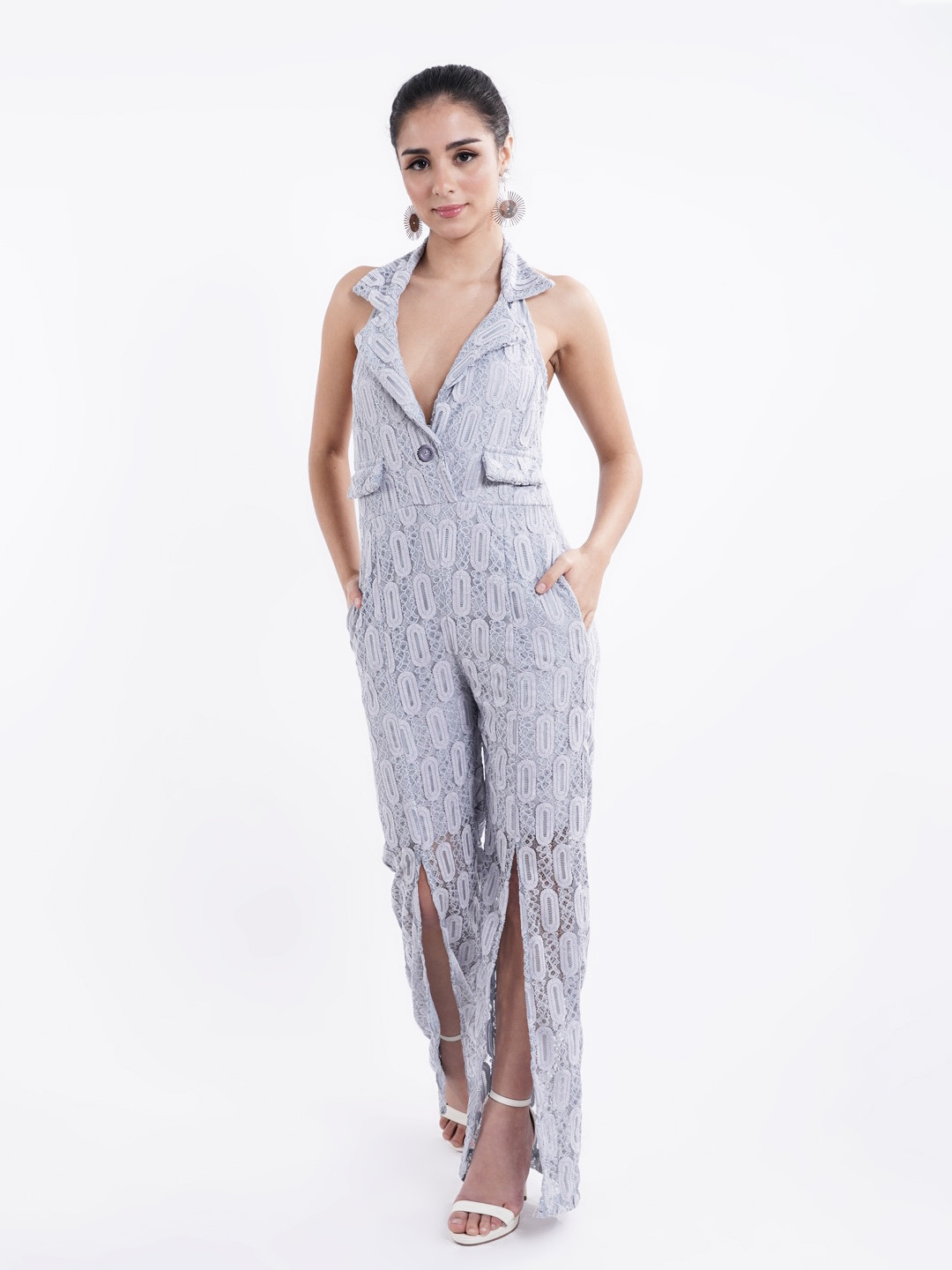 Stylecast X Hersheinbox Lace Detailed Cuban Collar with Halter Neck Slit Hem Jumpsuit