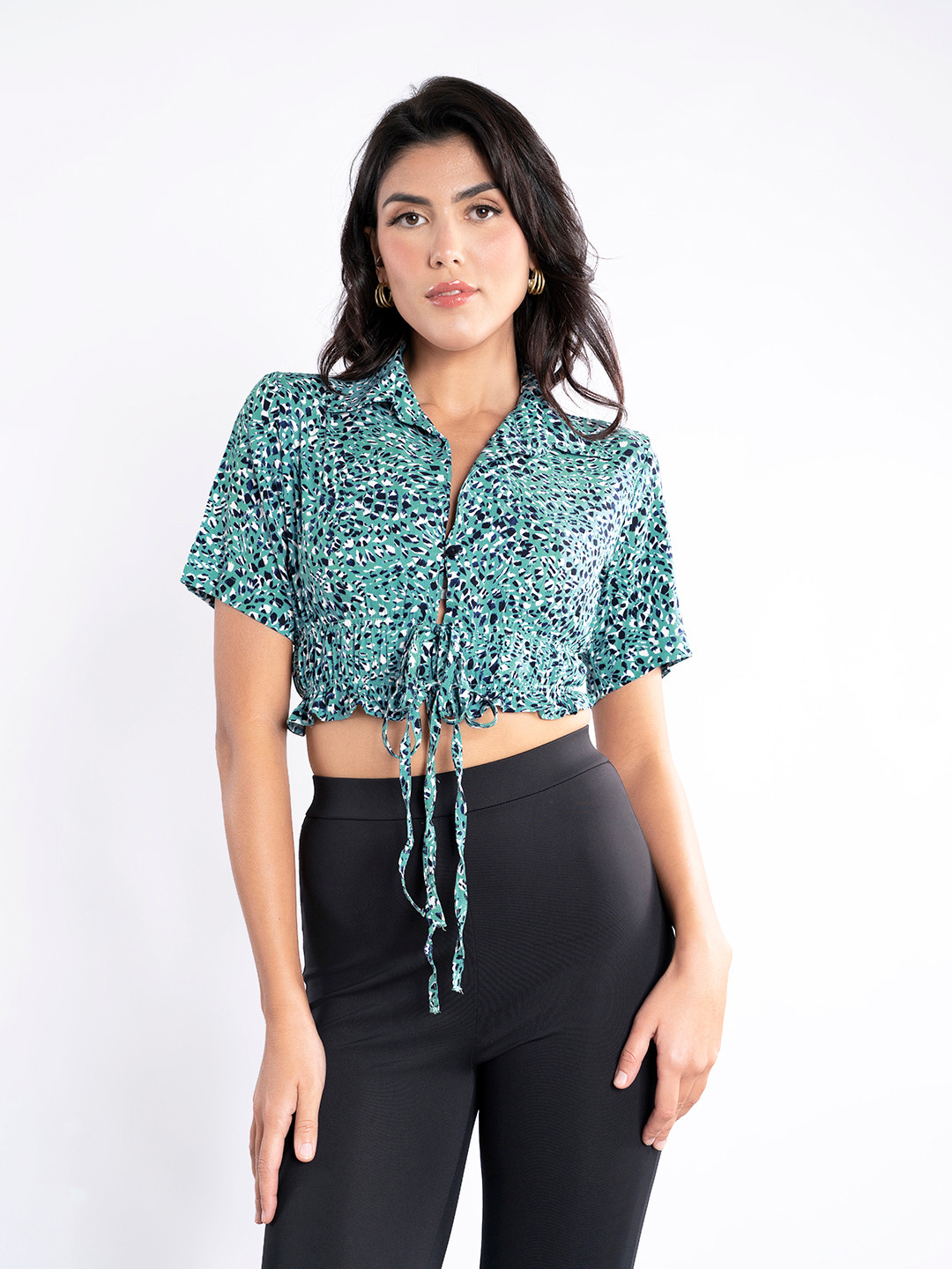 Stylecast X Hersheinbox Waist Tie-Up Print Shirt Style Crop Top