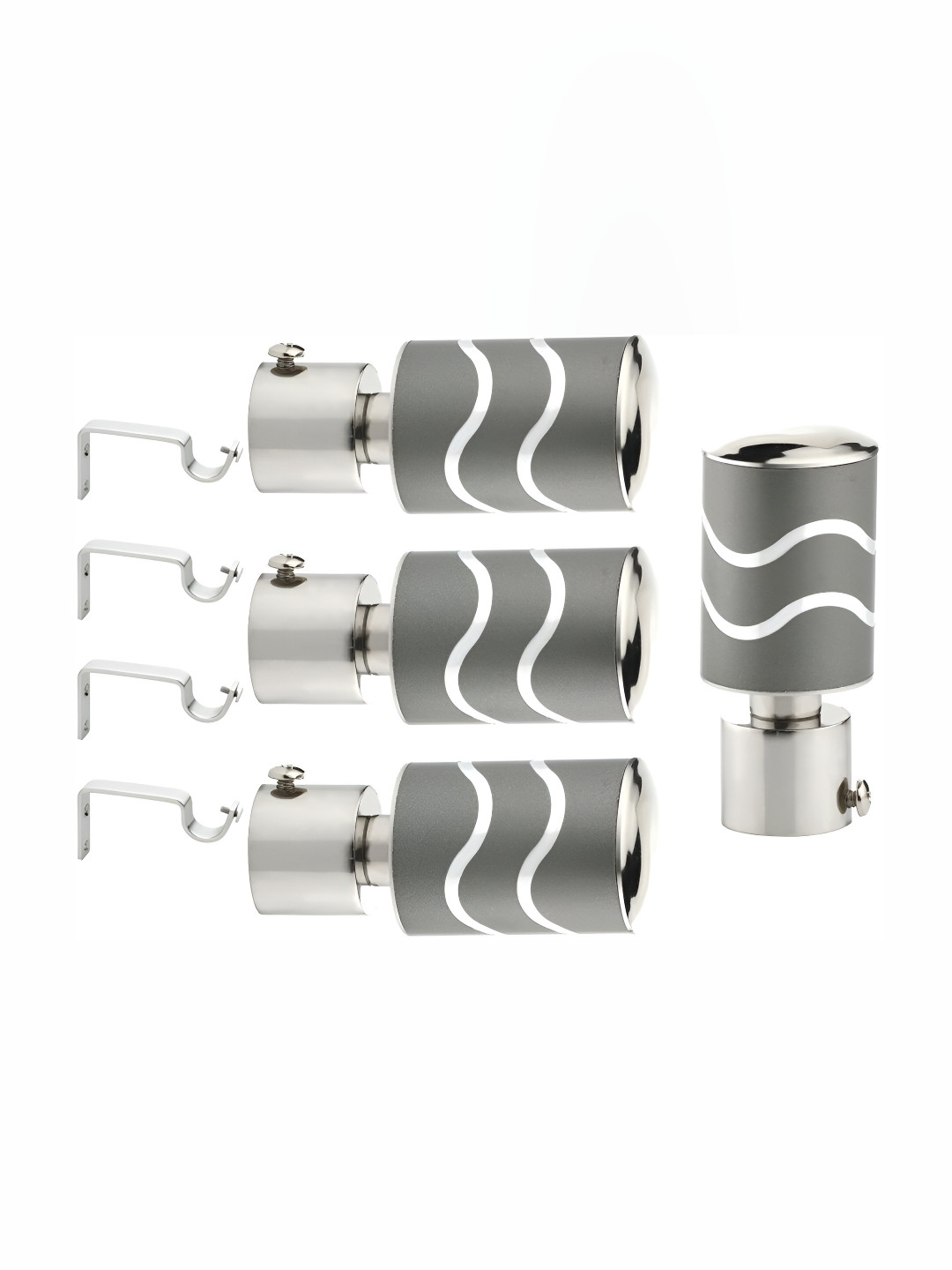 GLOXY Grey & Silver Toned 8 Pieces Stainless Steel Durable Curtain Brackets With Finials