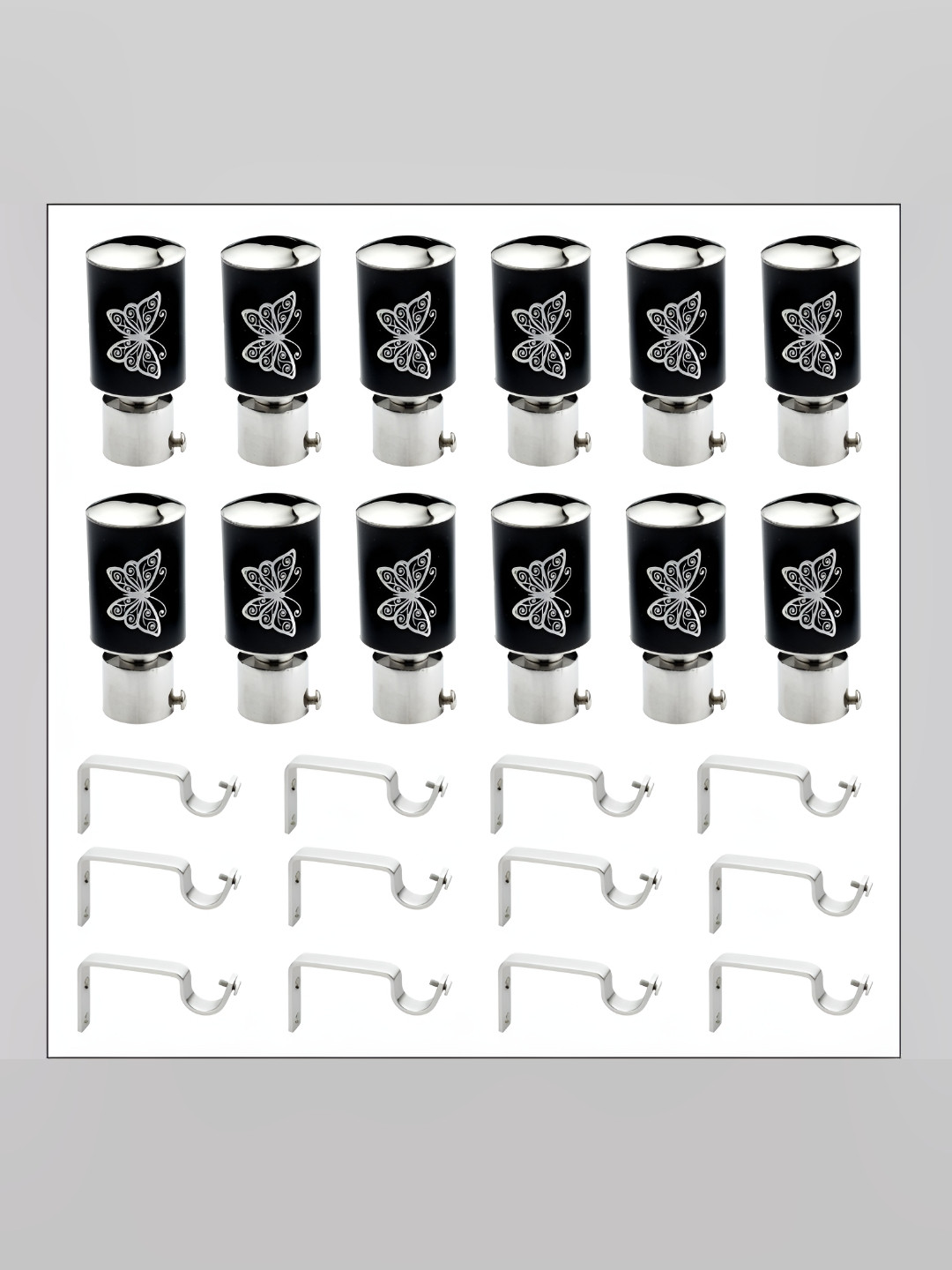GLOXY Grey & Black 24 Pcs Stainless Steel Glossy Curtain Brackets With Holder
