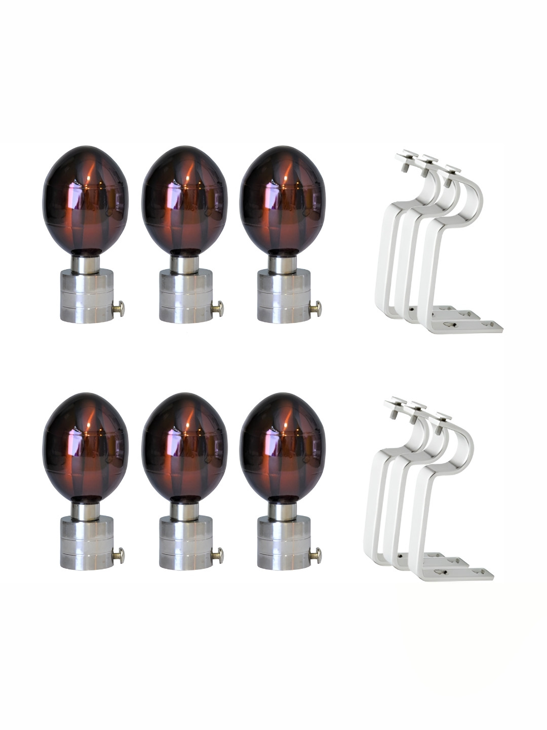 GLOXY Grey & Brown 12 Pcs Stainless Steel Glossy Curtain Brackets With Holder