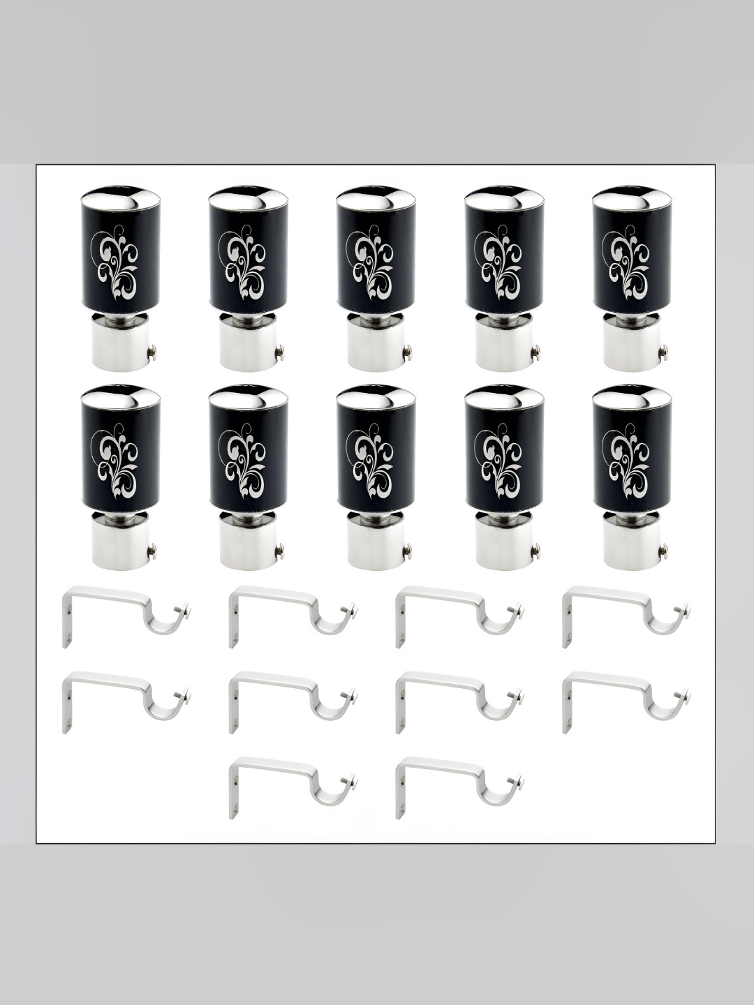 GLOXY Black & Grey 20 Pcs Glossy Metal Curtain Rods and Brackets