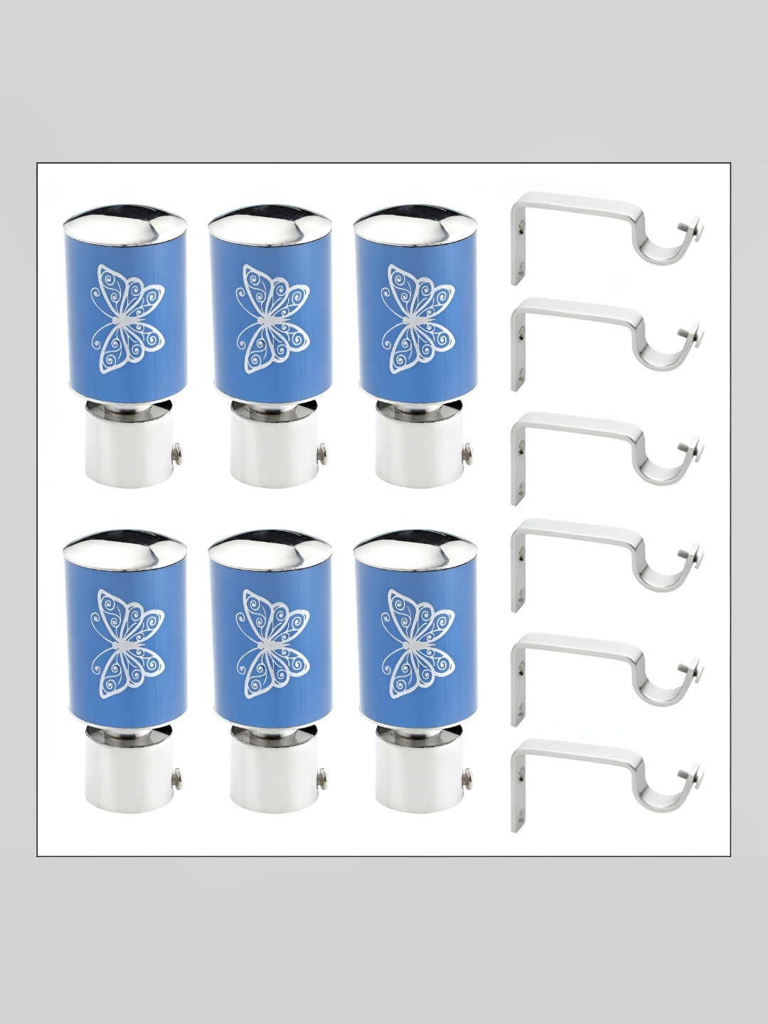 GLOXY 6-Pcs Blue & Grey Metal Curtain Rods and Brackets