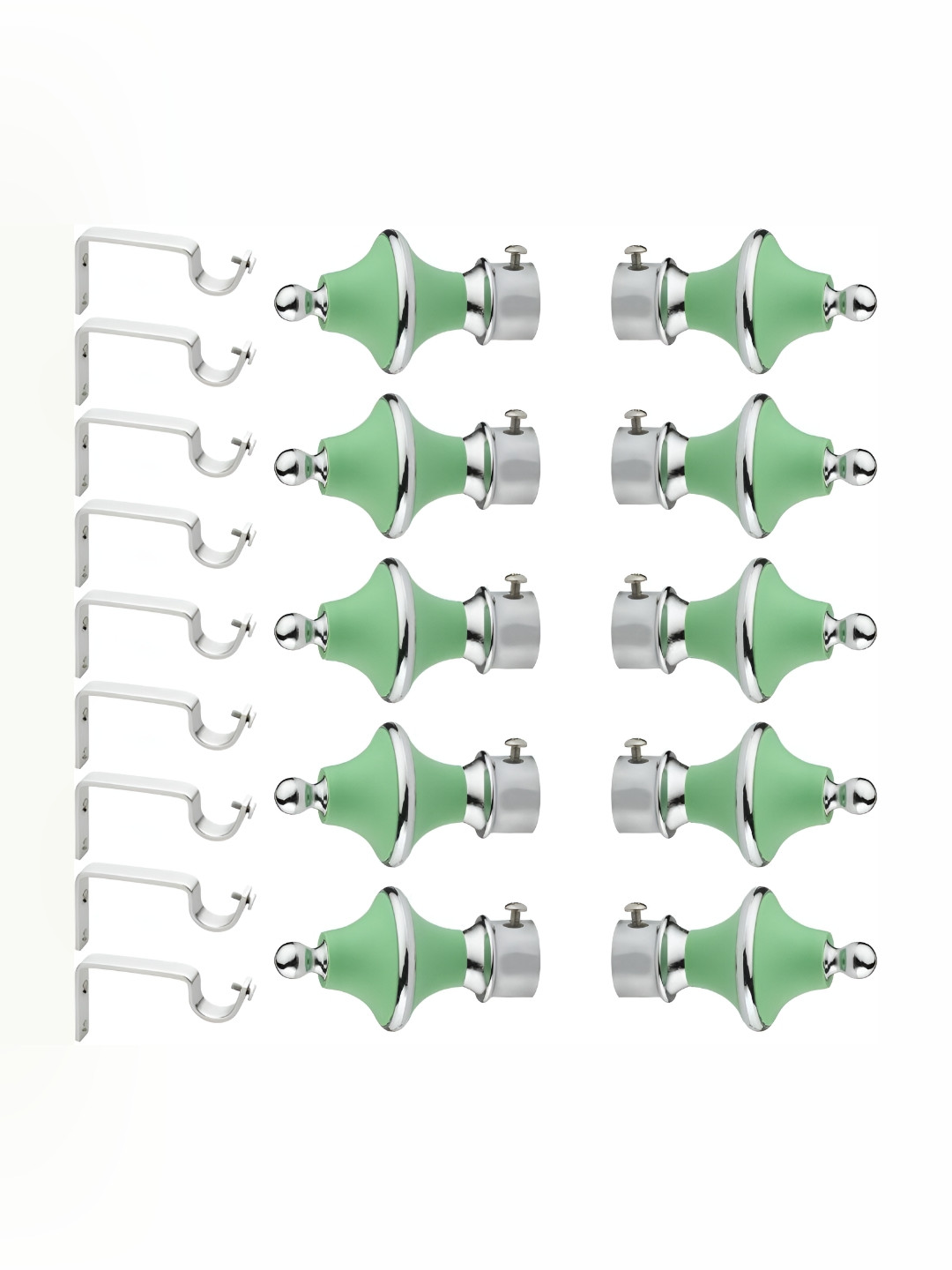 GLOXY Grey & Green 10 Pieces Stainless Steel Glossy Curtain Brackets With Finial