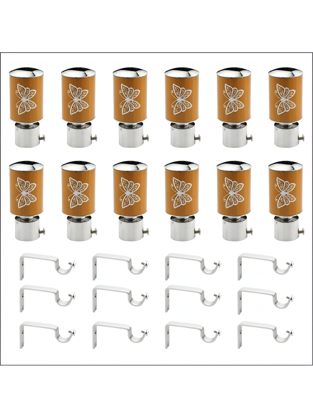 GLOXY Grey & Yellow 12 Pieces Stainless Steel Glossy Curtain Brackets With Finial