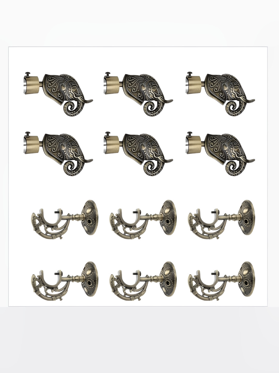 GLOXY Gold Toned 12 Pieces Elephant Head Shaped Curtain Brackets With Finials