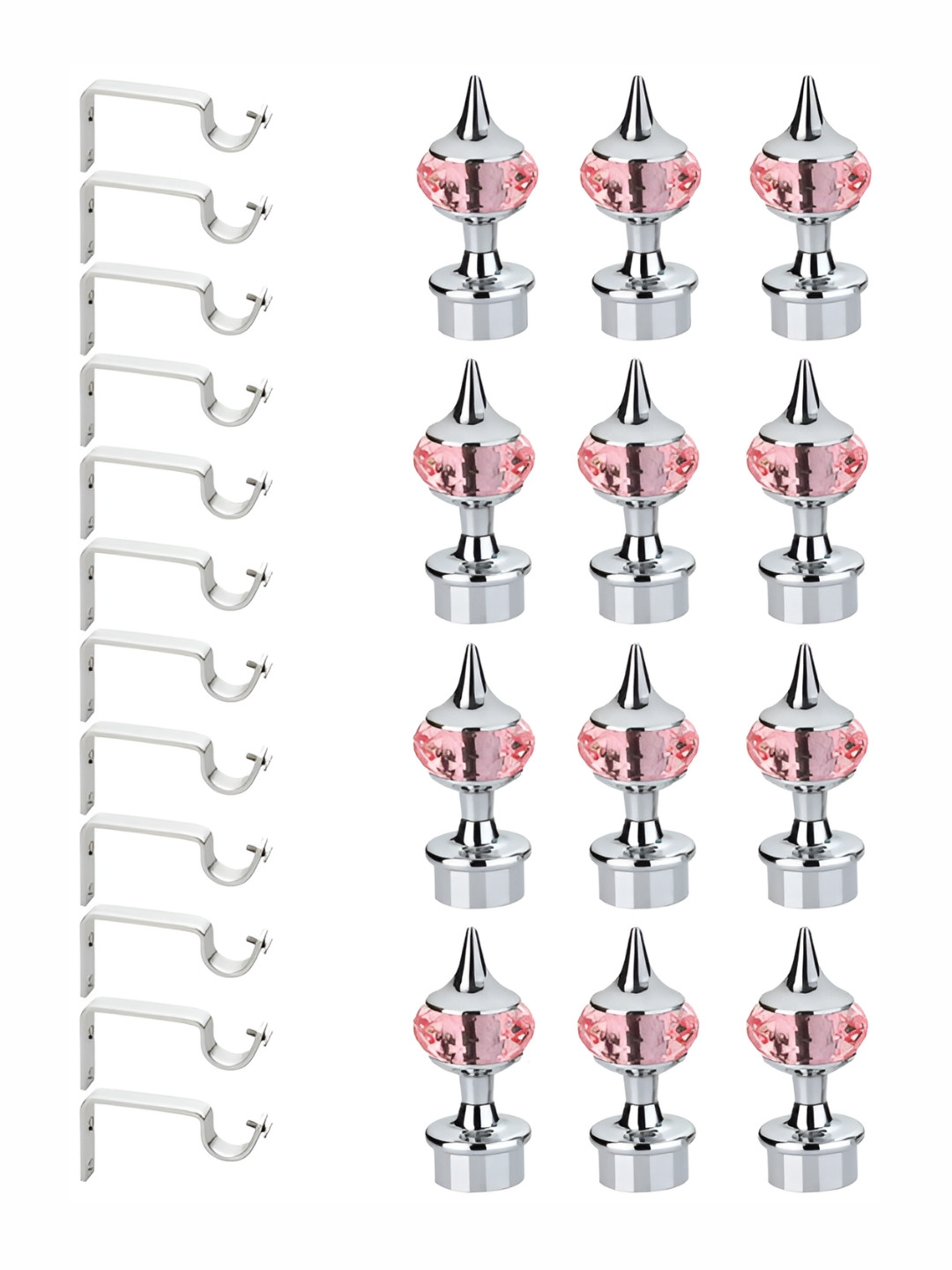 GLOXY Pink & Silver Toned 24 Pieces Metal Curtain Brackets & Knobs