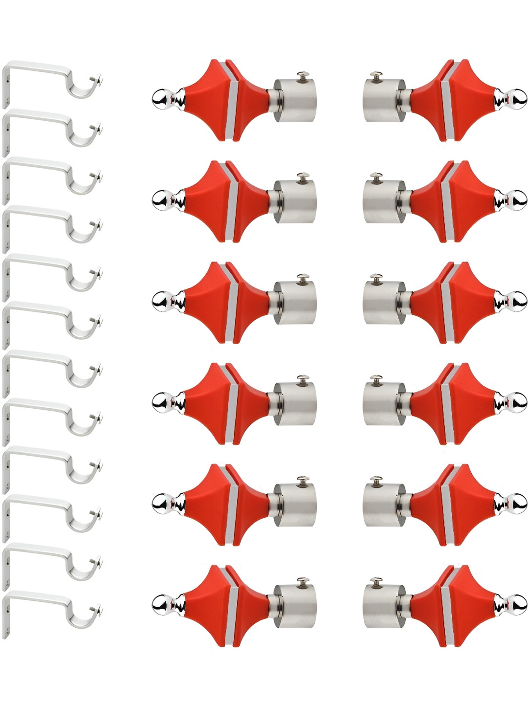 GLOXY Red & Silver Toned 24 Pieces Metal Curtain Brackets With Finials