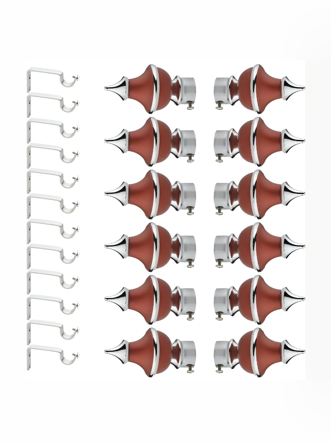 GLOXY Silver Toned & Maroon 24 Pieces Stainless Steel Glossy Curtain Brackets With Finials