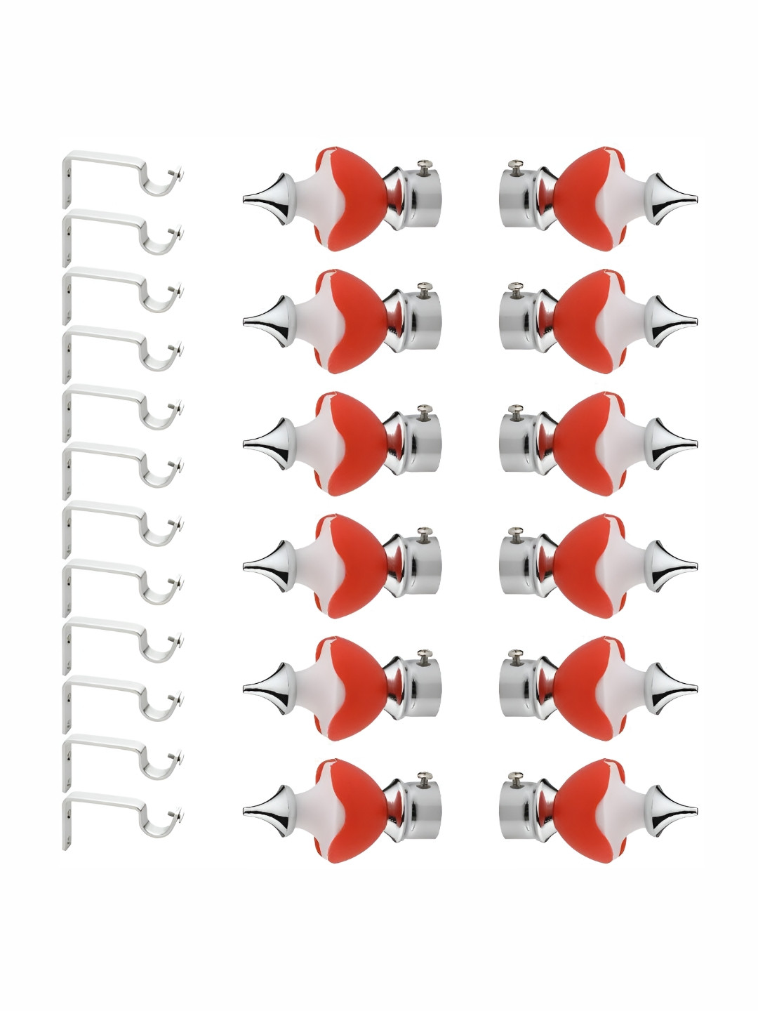 GLOXY Silver Toned & Red 24 Pieces Stainless Steel Glossy Curtain Brackets With Finials