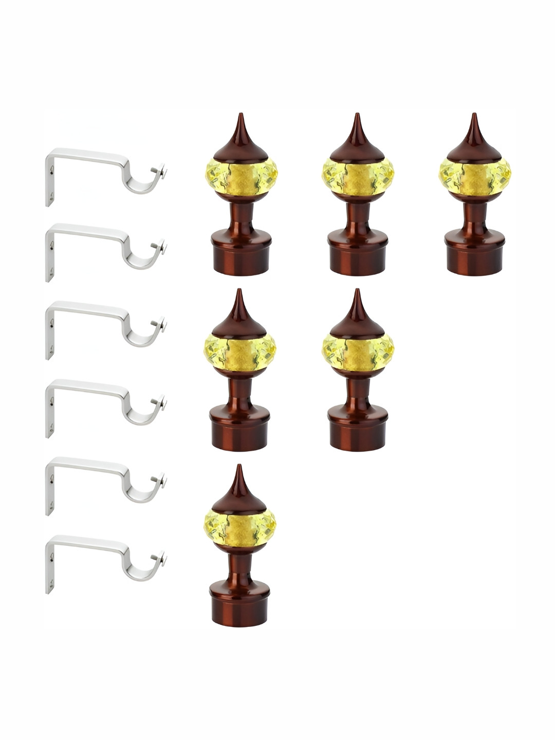 GLOXY Yellow & Brown 12 Pieces Diamond Shape Stainless Steel Curtain Brackets With Finials