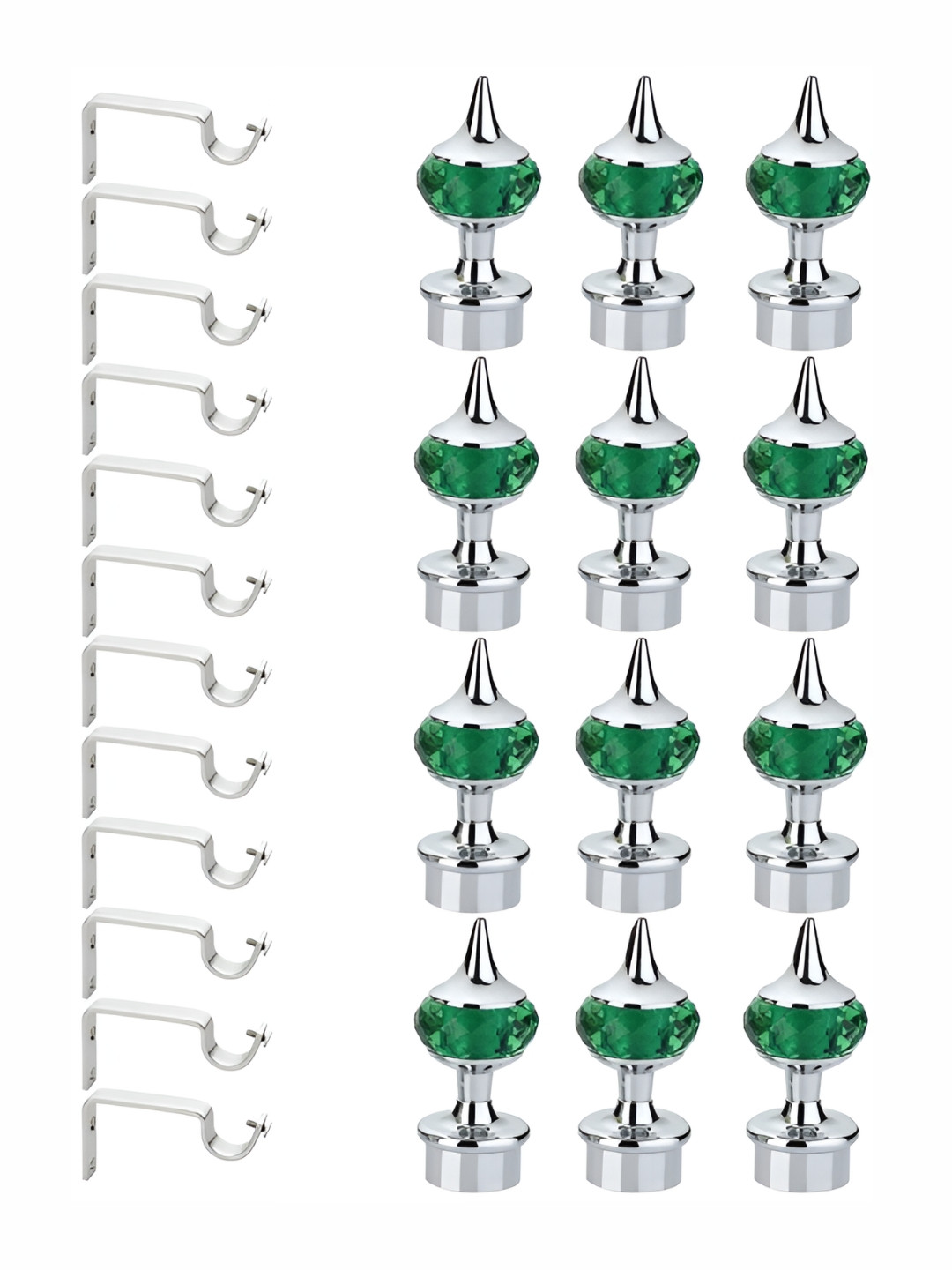 GLOXY Green Silver Toned 24 Pieces Stainless Steel Curtain Hook & Brackets