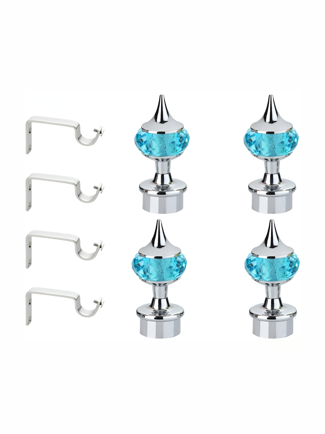 GLOXY Blue & Silver Toned 8 Pieces Metal Curtain Finials & Brackets