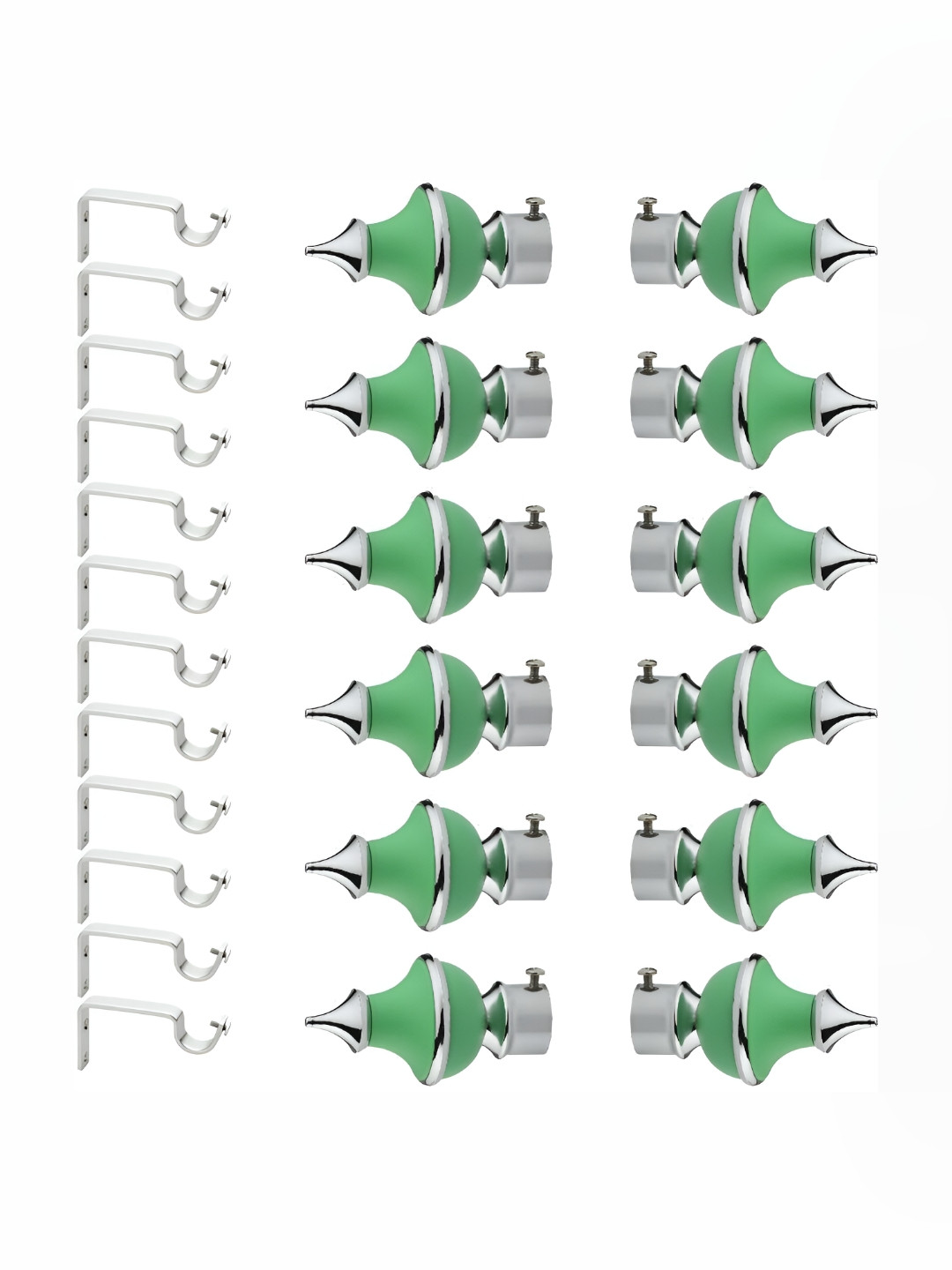 GLOXY Green & Silver Toned 30 Pieces Metal Curtain Brackets & Knobs