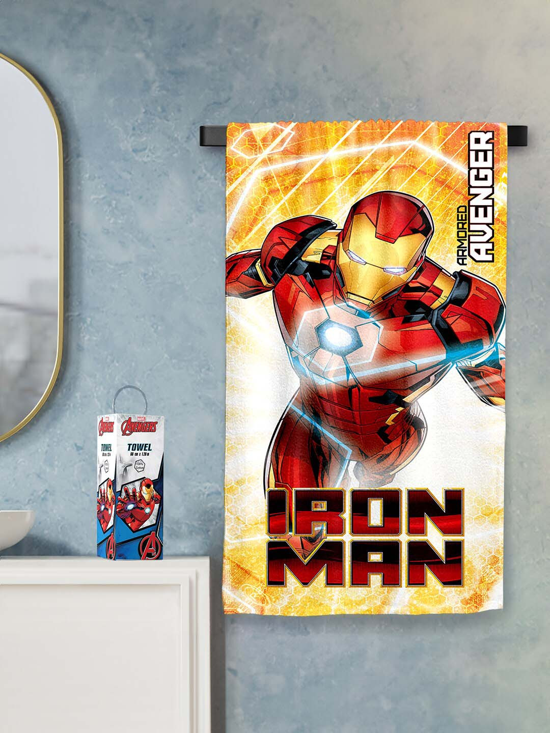 YK Red Ironman Printed 400 GSM Thin Pure Cotton Bath Towel