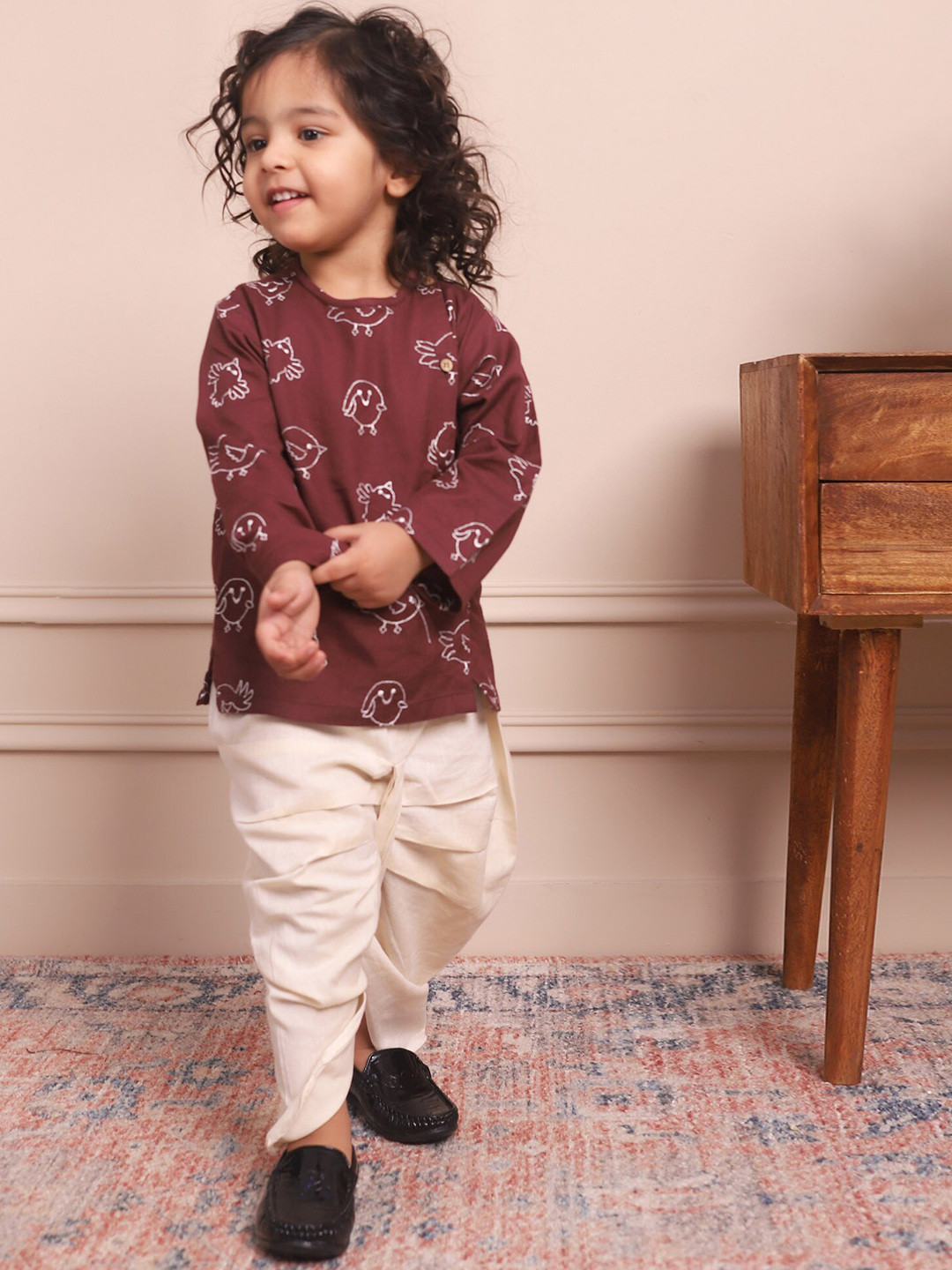 Polka Tots Boys Quirky Printed Round Neck Cotton Angrakha Kurta With Dhoti Pant