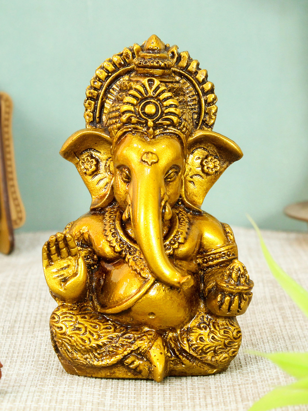 TIED RIBBONS Ganesh Gold Polyresin Glossy Prayer Room Small Showpiece - 3.7 Inches