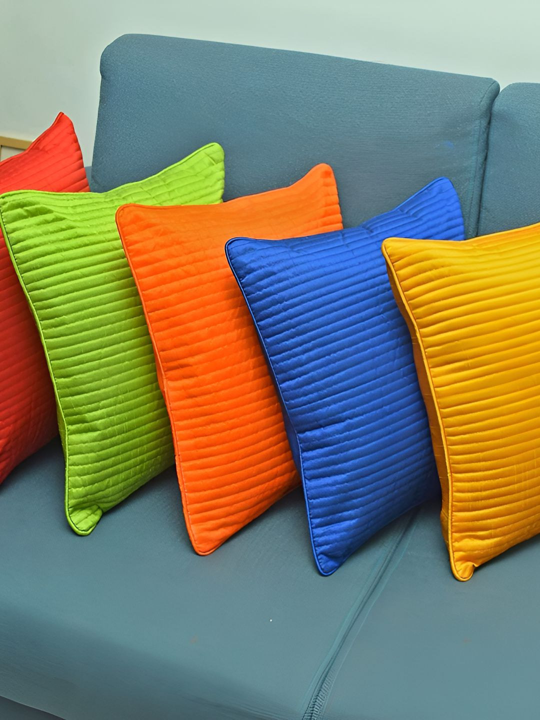 CASA-NEST Blue Striped Silk Quilted 5 Piece Textured Square Cushion Covers -12x12In