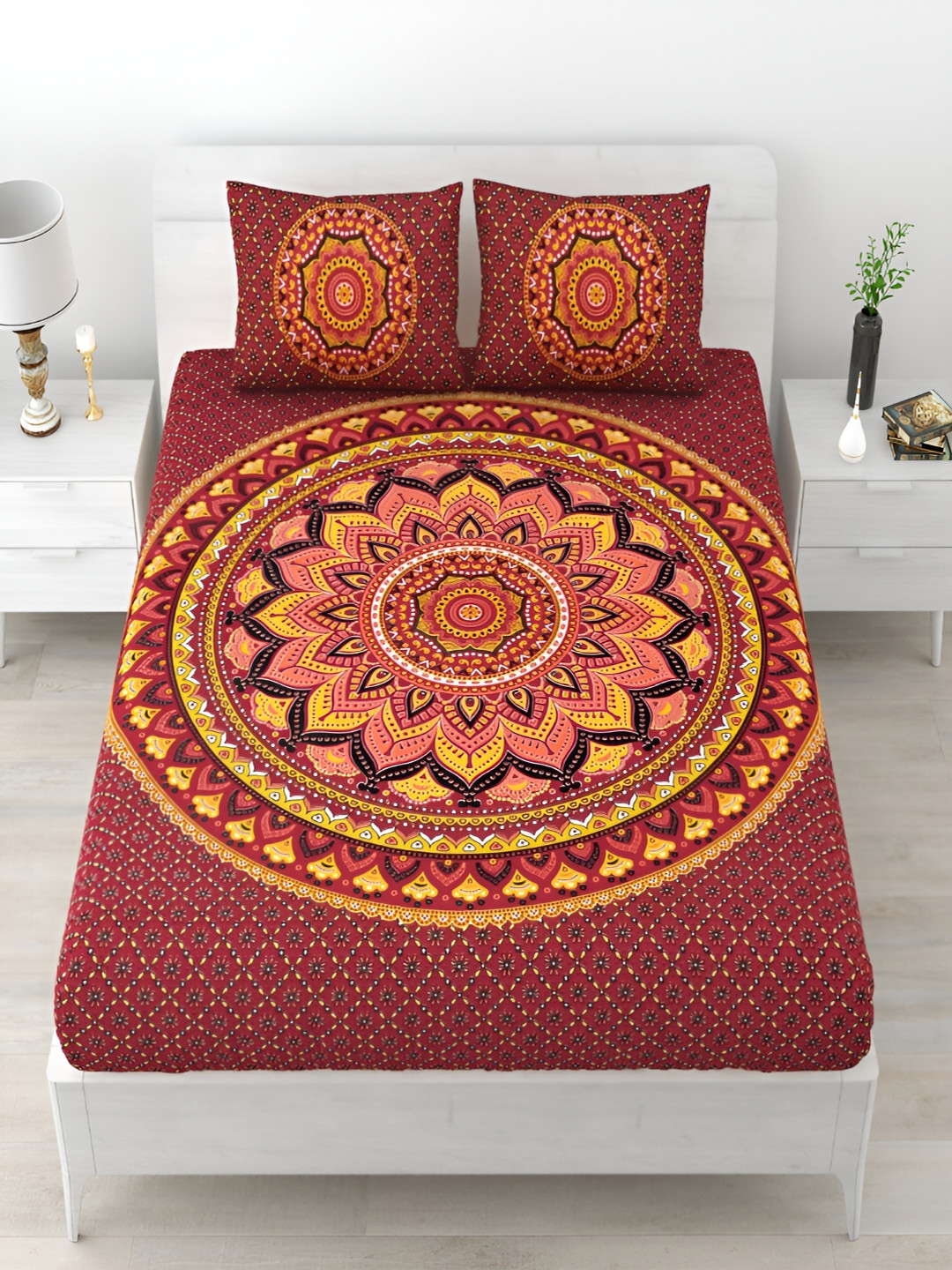 Runjhun Premium Red Ethnic Motifs Cotton 240 TC King Fine Bedsheet with 2 Pillow Covers-108 x 90 inches