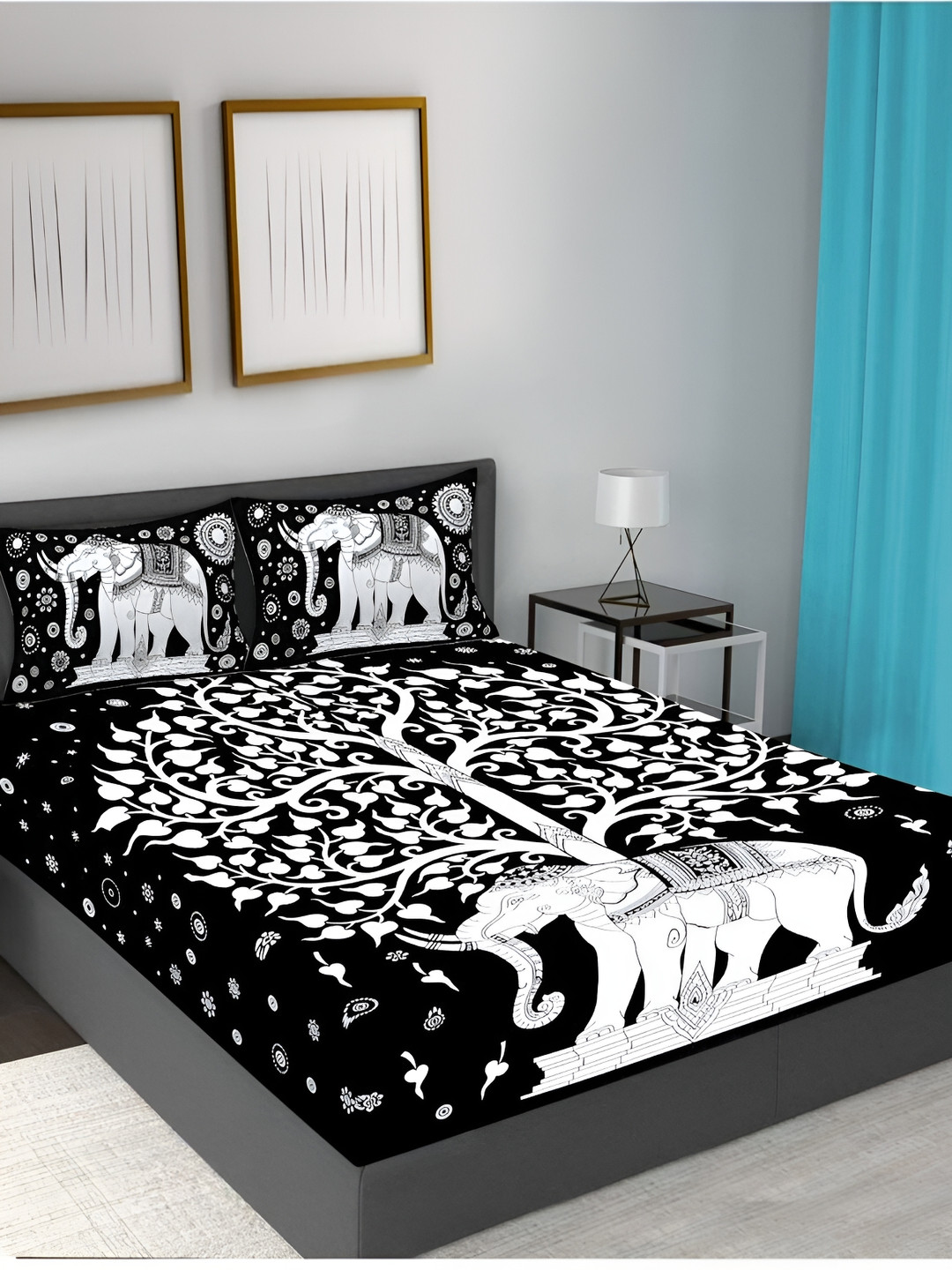 Runjhun Premium Black Graphic Pure Cotton 180 TC Queen Bedsheet with 2 Pillow Covers-100 x 90 inches