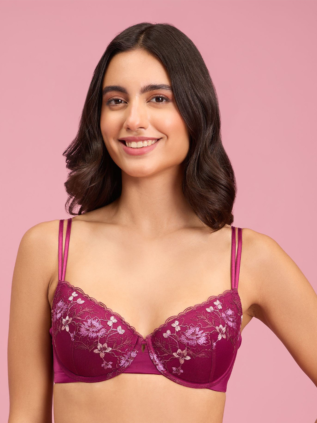 Nykd Embroidered Floral Lace Demi Bra-NYB294-Purple