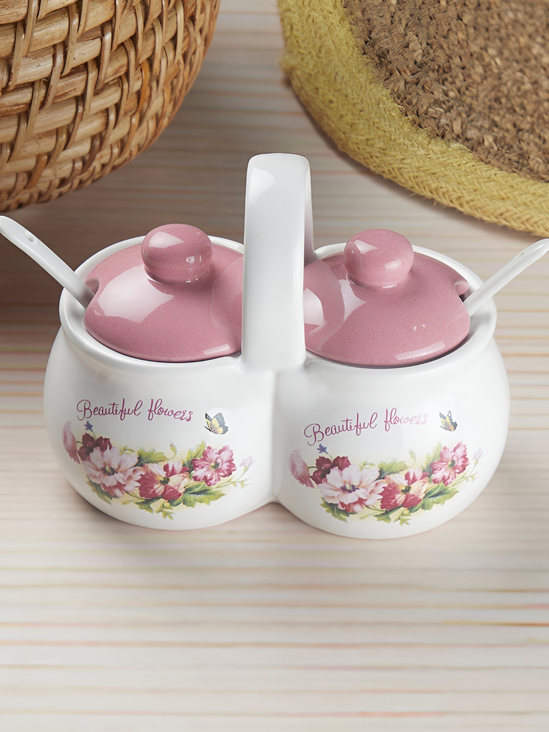 Kookee Pink Ceramic Twin Condiment Jars with Lid & Spoon