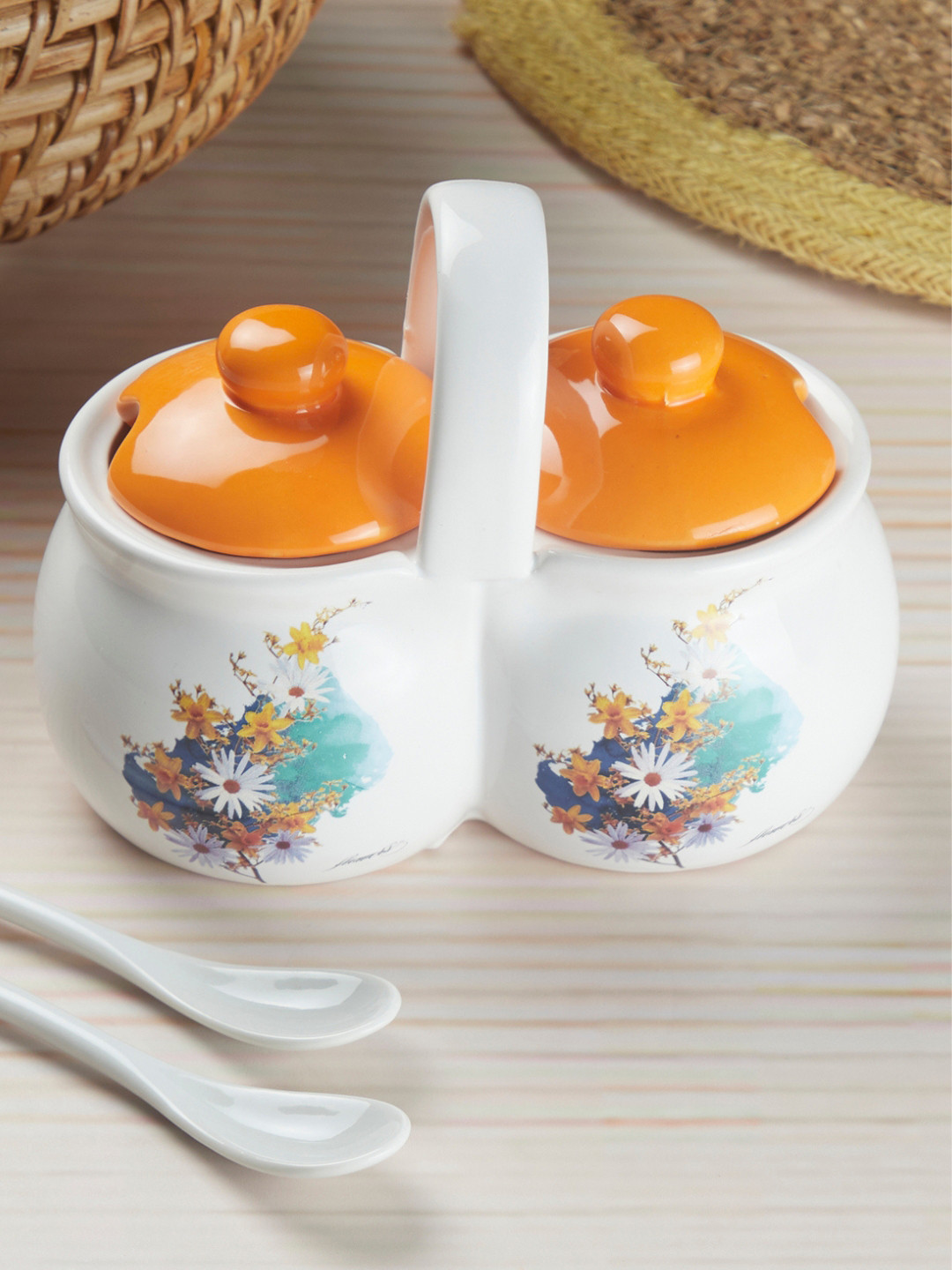 Kookee Orange Ceramic Twin Condiment Jars with Lid & Spoon