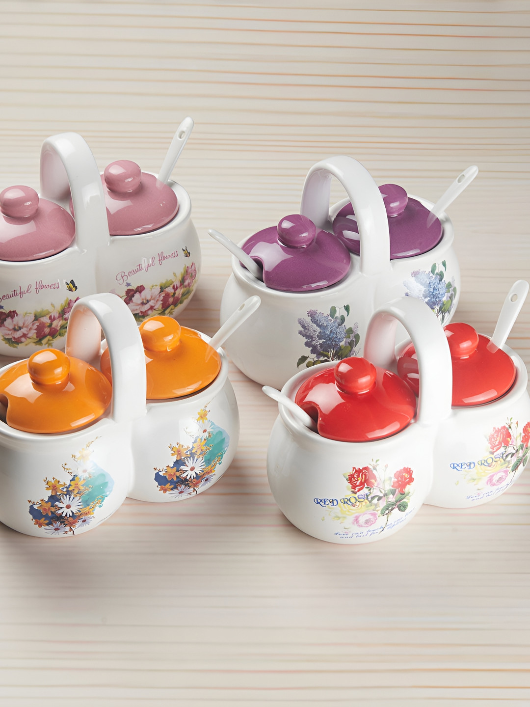 Kookee Red & Pink 4 Pieces Ceramic Twin Condiment Jars with Lid & Spoon