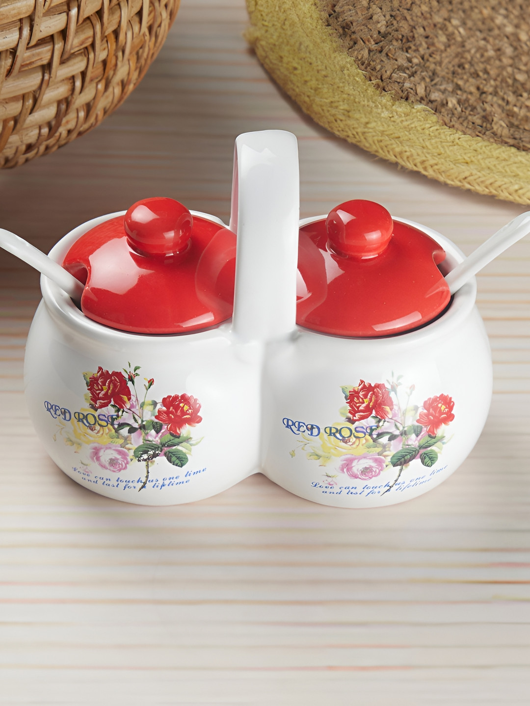 Kookee Red & White Floral Printed Ceramic Twin Condiment Jars With Lid & Spoon