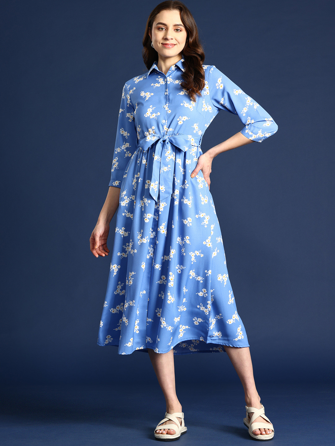Mast & Harbour Floral Print Shirt Midi Dress with Belt