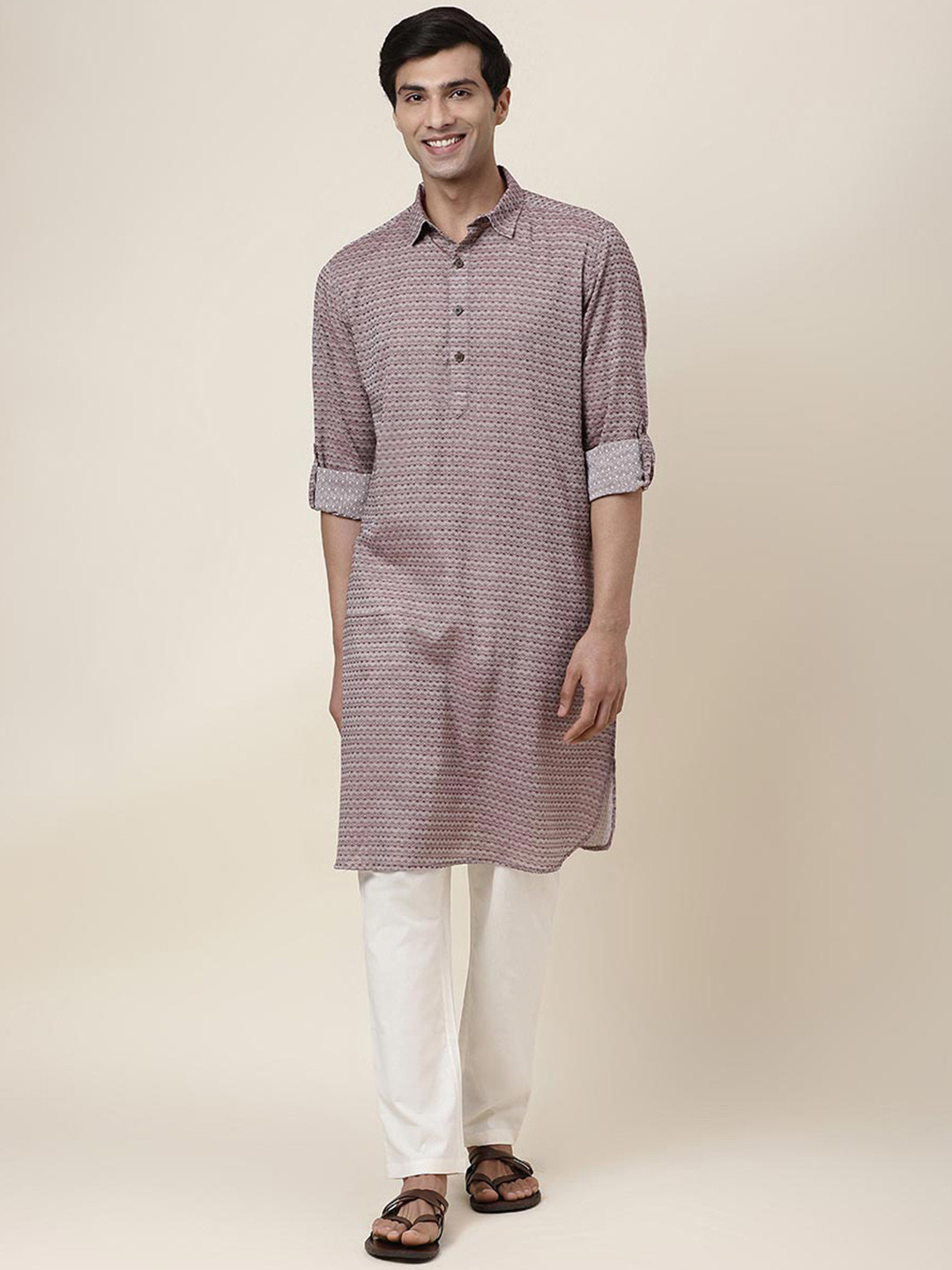 Fabindia Abstract Printed Roll-Up Sleeves Knee Length Pathani Kurta