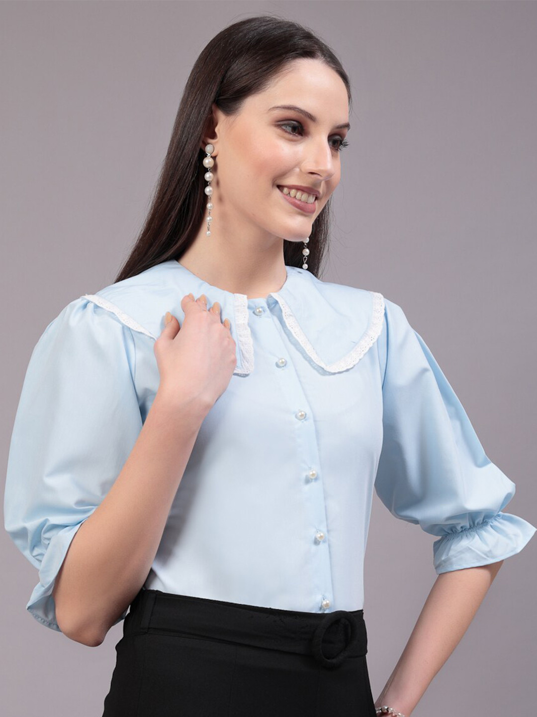 Style Quotient Blue Peter Pan Collar Puff Sleeves Shirt Style Top