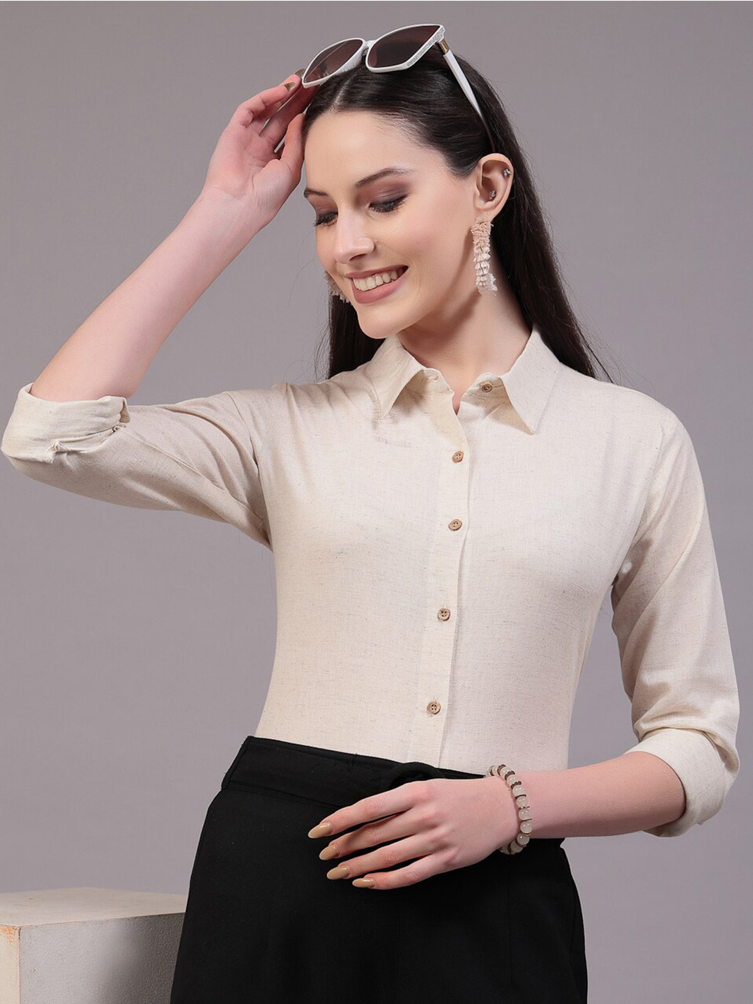 Style Quotient Beige Classic Linen Casual Shirt