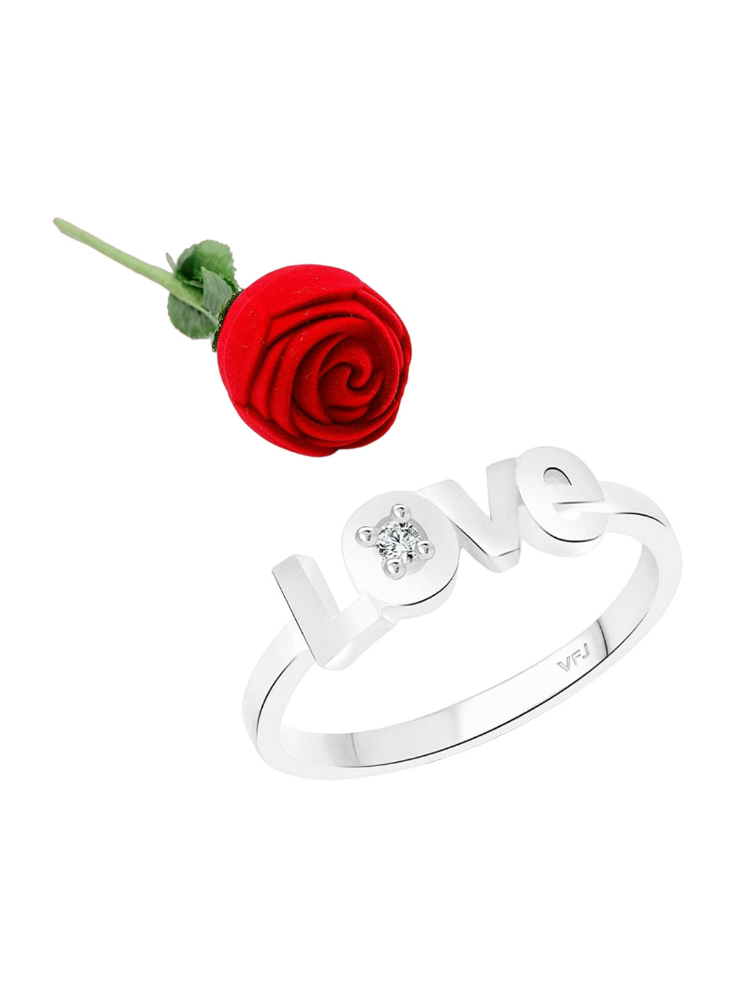 Vighnaharta Rhodium-Plated CZ-Stone Studded Love Design Finger Ring With Rose Box