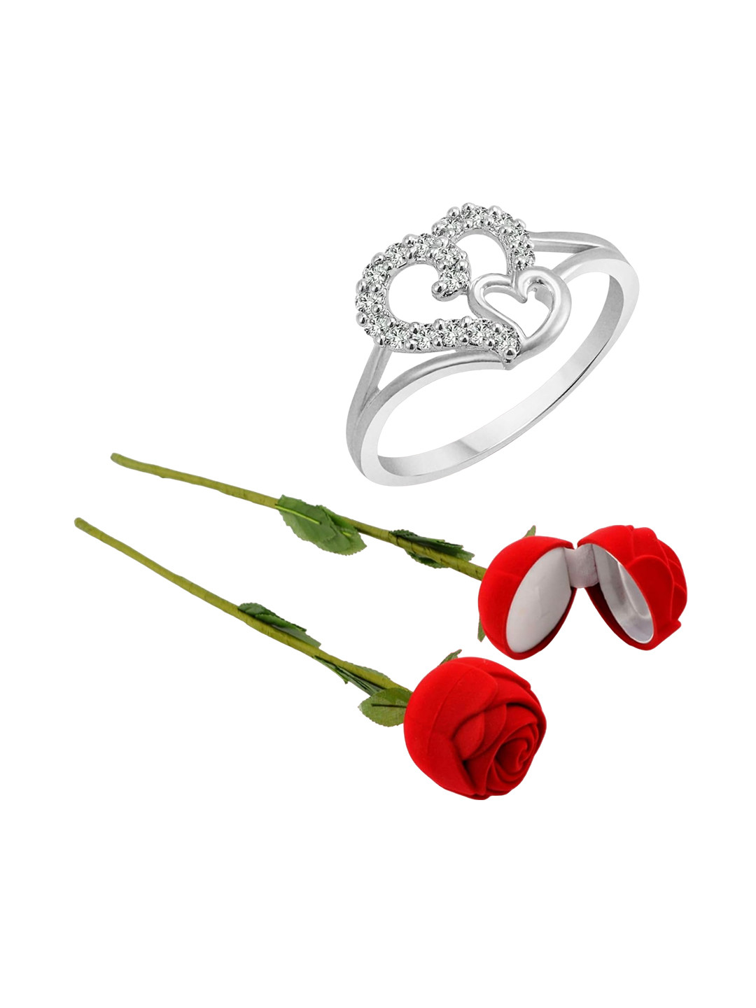 Vighnaharta Rhodium-Plated Cubic Zirconia-Studded Heart Design Finger Ring With Rose Box