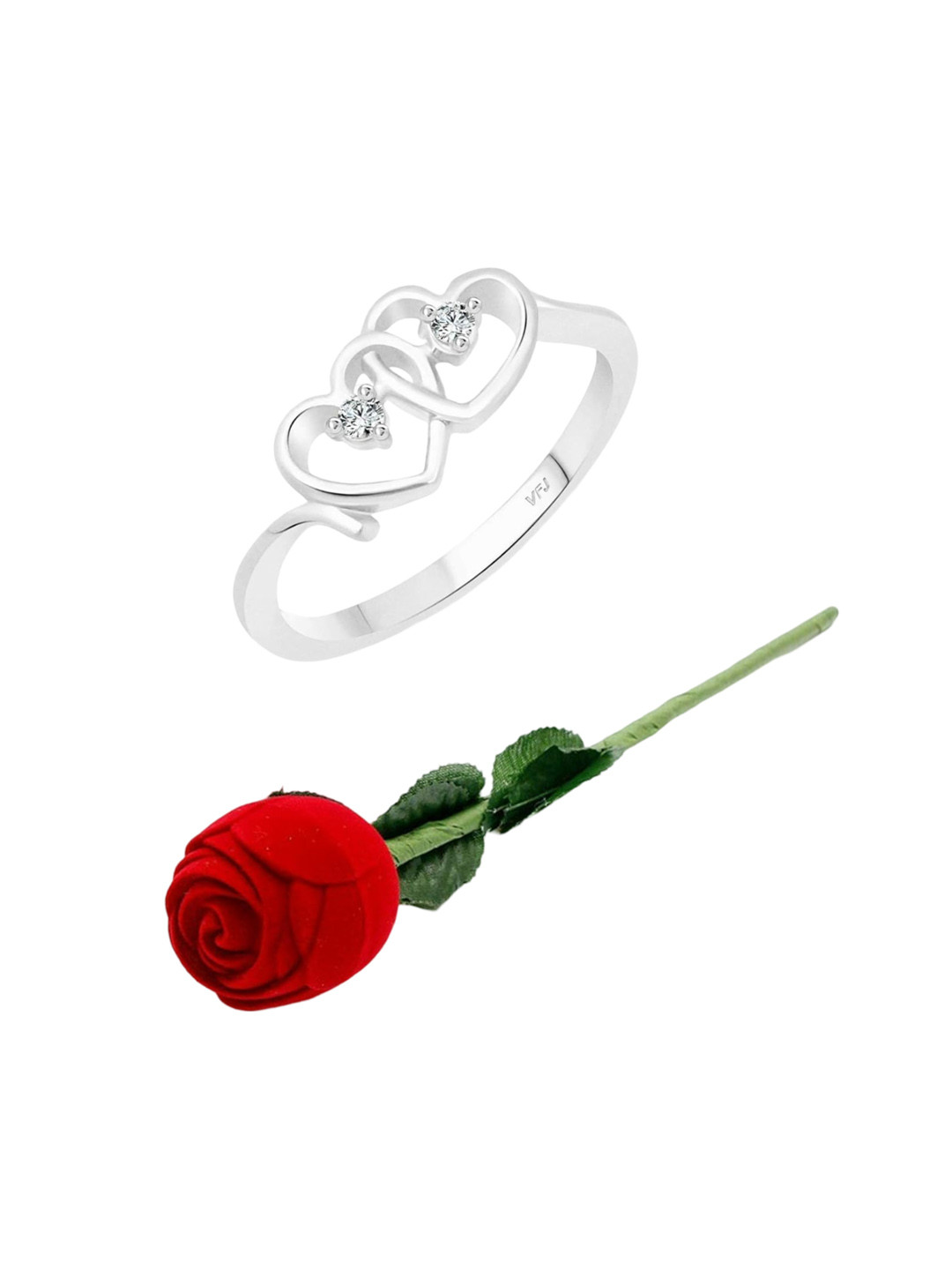 Vighnaharta Rhodium-Plated CZ-Stone Studded Dual Heart Design Finger Ring With Rose Box