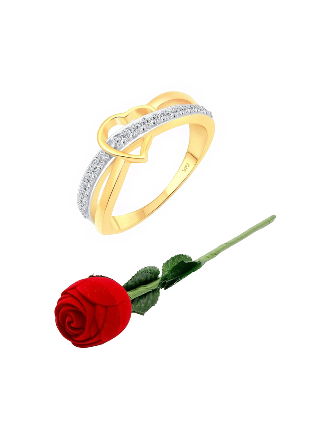 Vighnaharta Gold-Plated Cubic Zirconia-Studded Heart Design Finger Ring With Rose Box