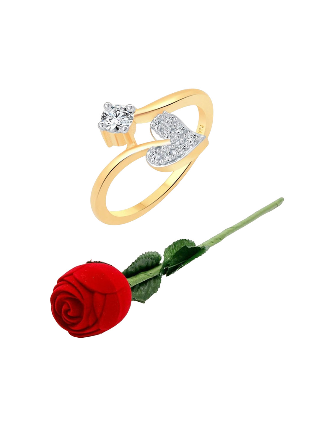 Vighnaharta Gold-Plated CZ-Stone Studded Heart Design Finger Ring With Rose Box