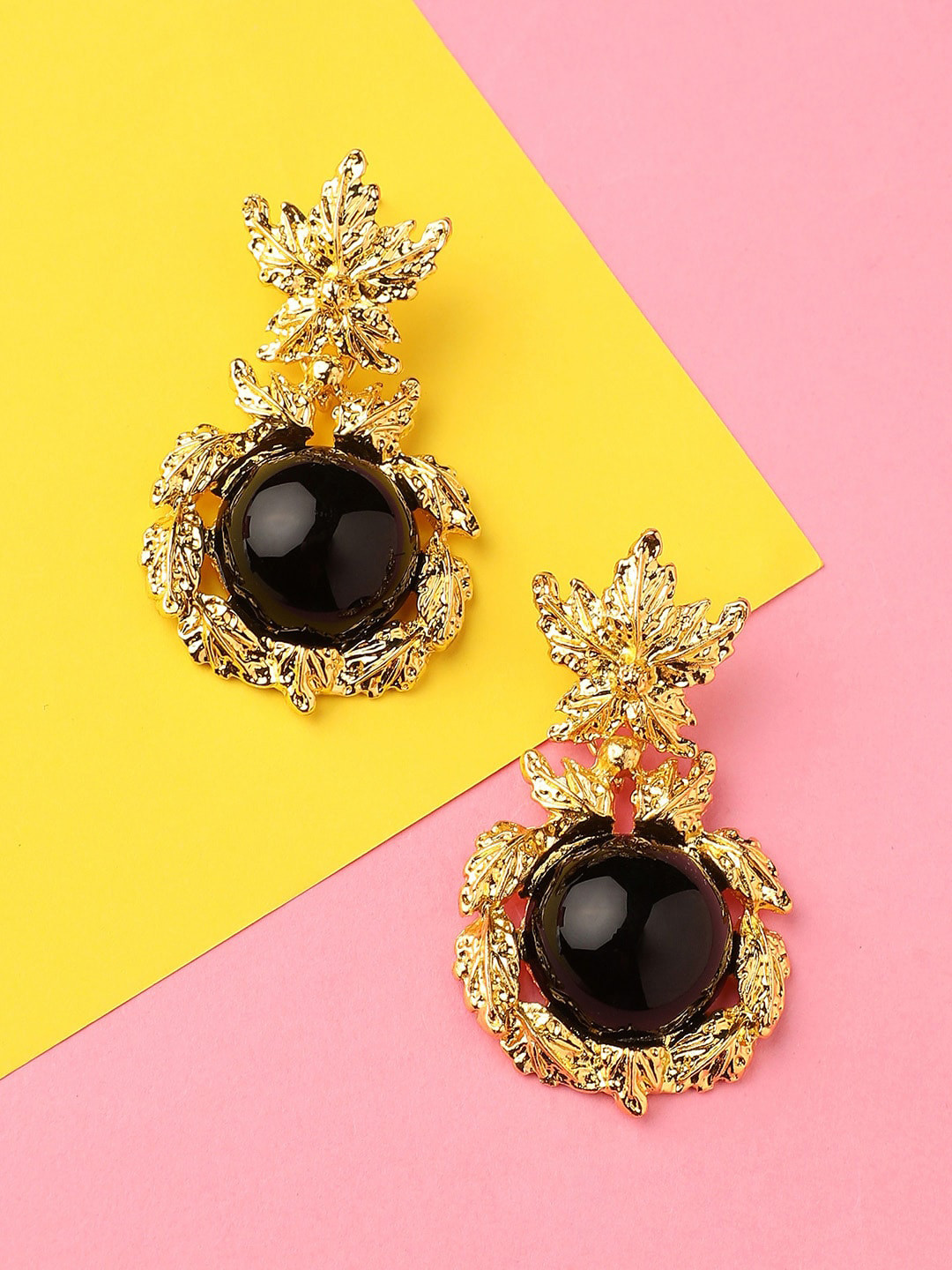 DressBerry Black Gold-Plated Stone Studded Floral Drop Earrings