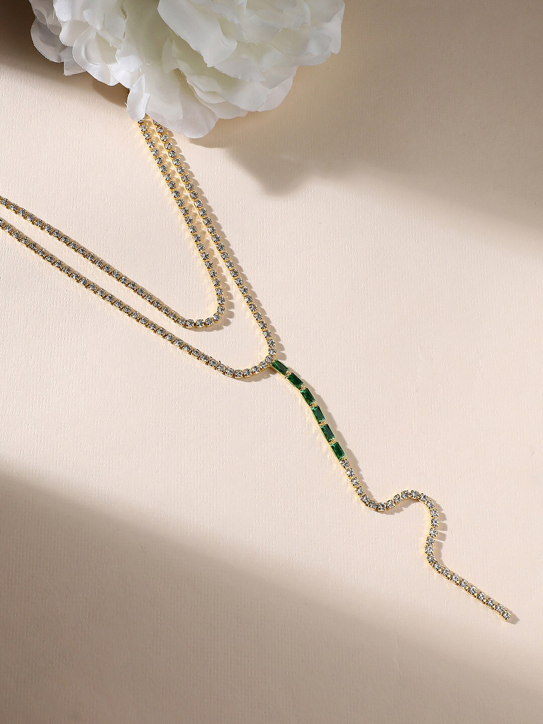 DressBerry Green Silver-Plated Stone Studded Layered Minimal Necklace