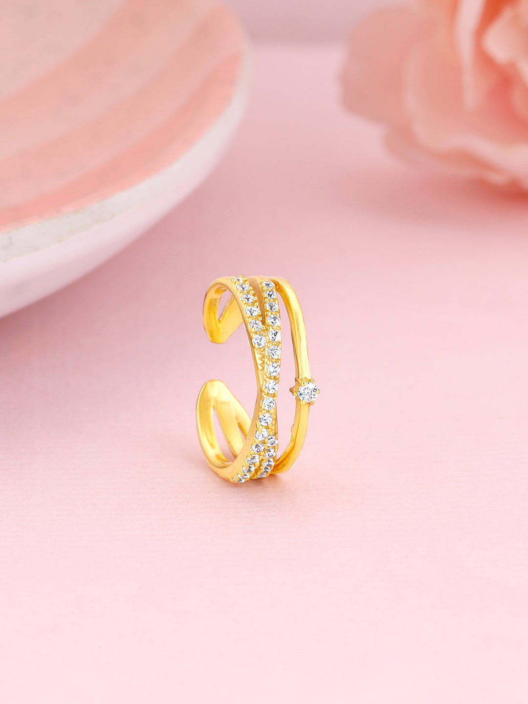 GIVA 92.5 Sterling Silver Gold Plated Stone Studded Adjustable Layered Finger Ring