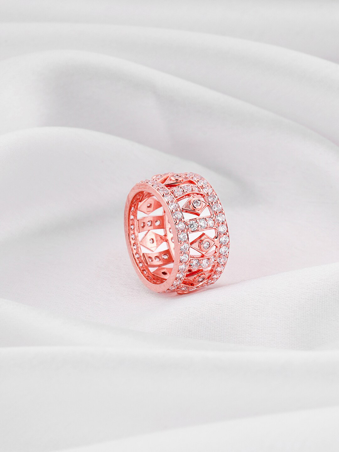 GIVA 92.5 Sterling Silver Rose Gold Plated Stones Studded Rhombus Finger Ring
