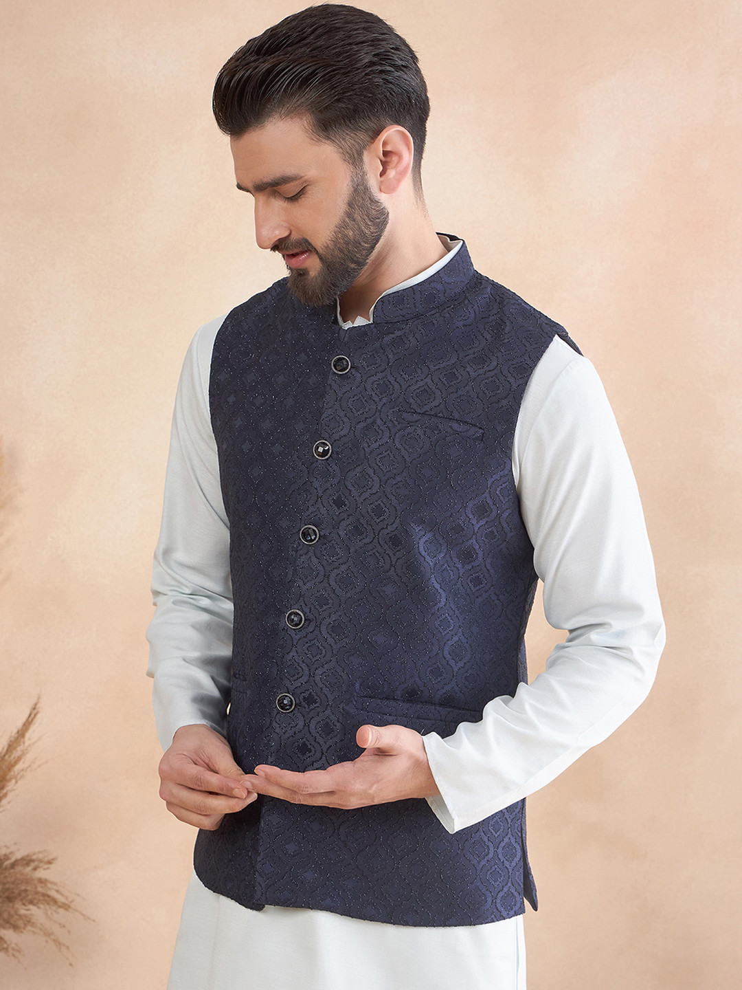 House of Pataudi jacquard Woven Design Nehru Jacket with Zari work