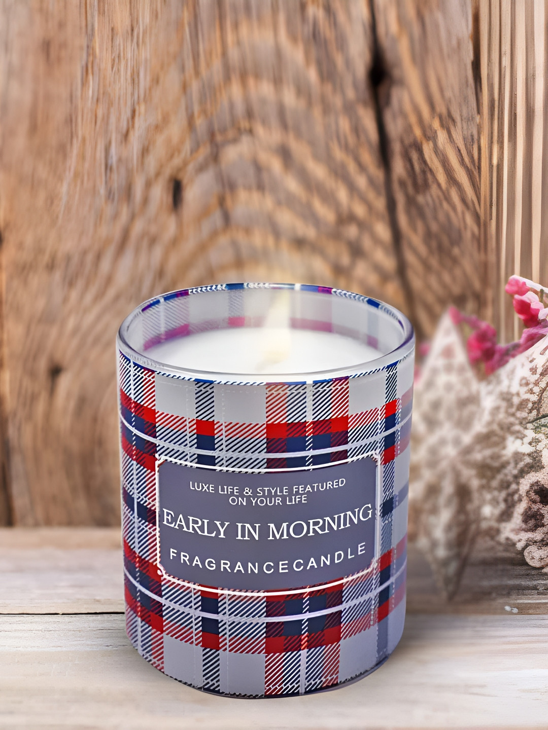 Kookee Say Wax, Glass Scented 1 Wick Early in Morning Plaid Geometric Regular Jar Candles
