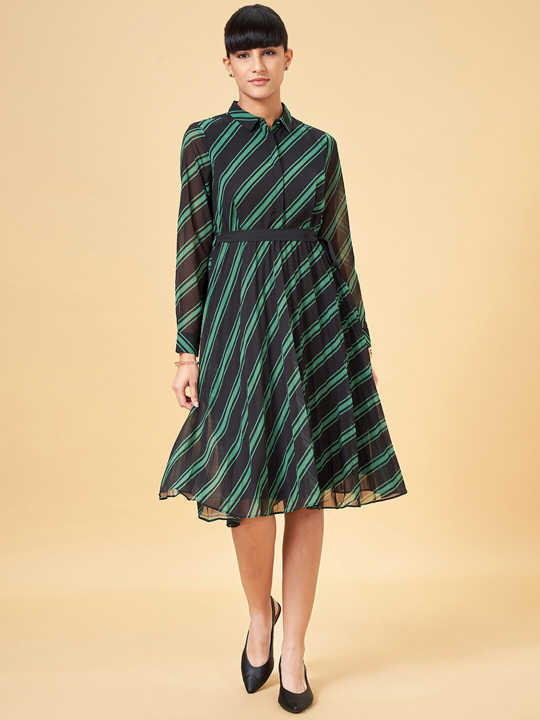 Annabelle by Pantaloons Striped Shirt Collar Long Sleeves Belted A-Line Dress