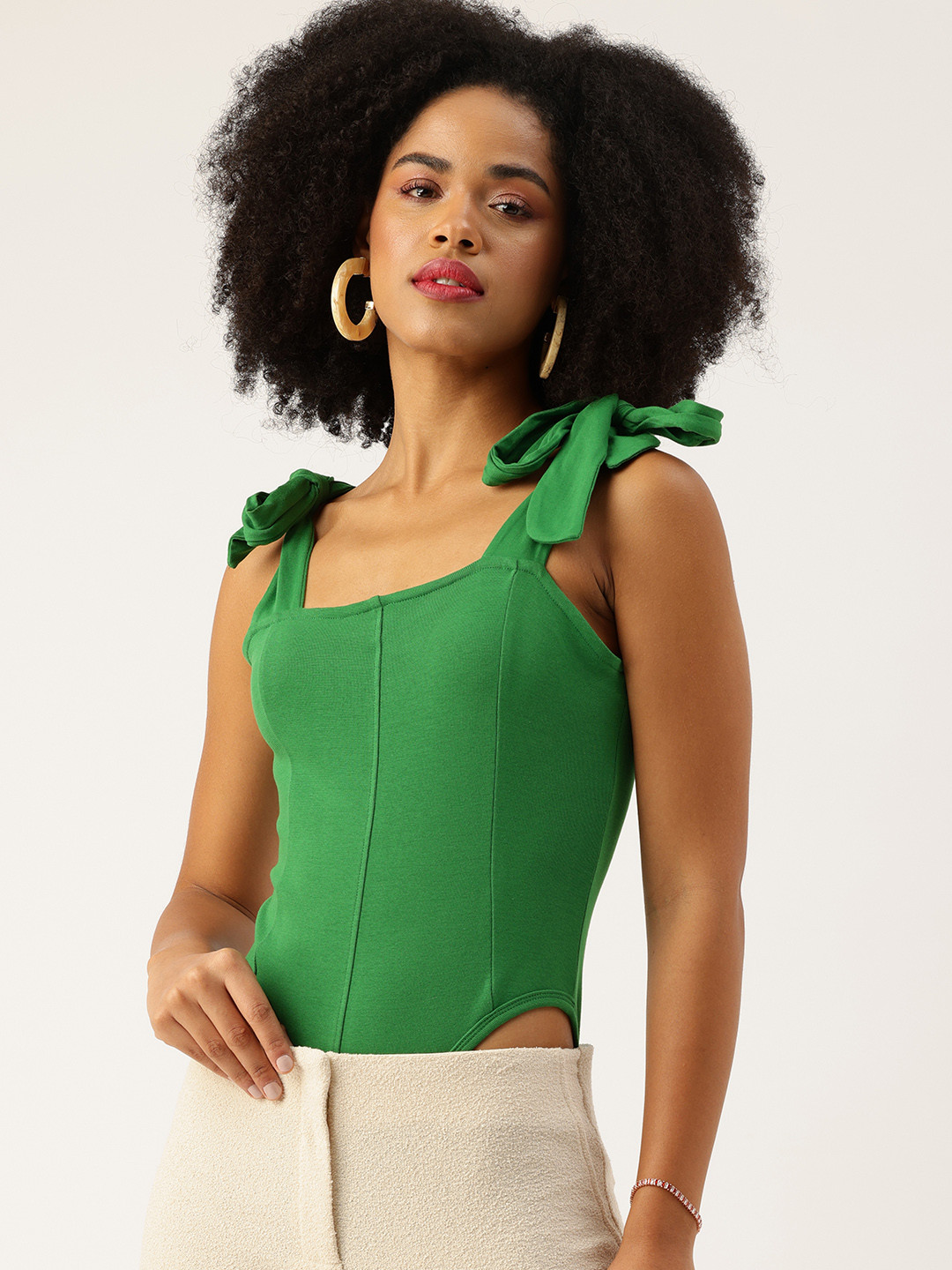 bebe Ribbed Shoulder Tie-Ups Bodysuit