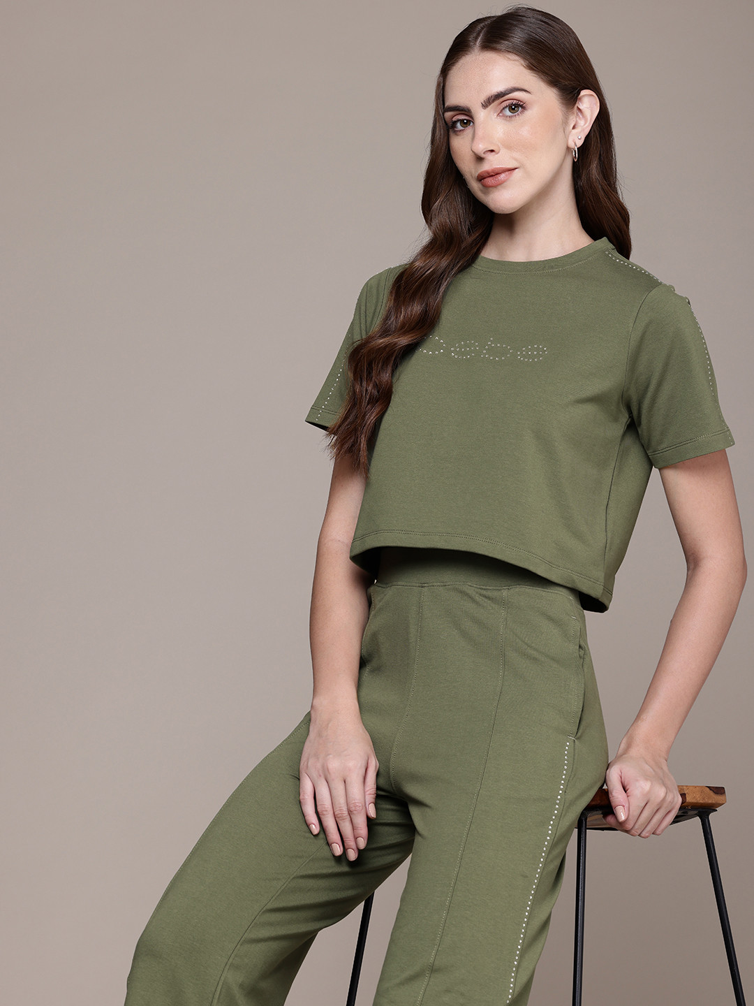 bebe Women Brand Logo Embellished Crop T-shirt & Trousers Co-ords