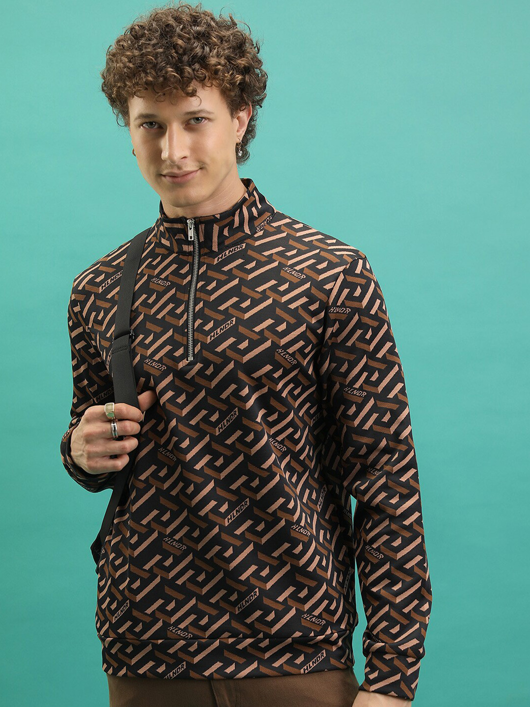 HIGHLANDER Geometric Printed Mock Collar Regular Fit Full Zip Sweatshirt