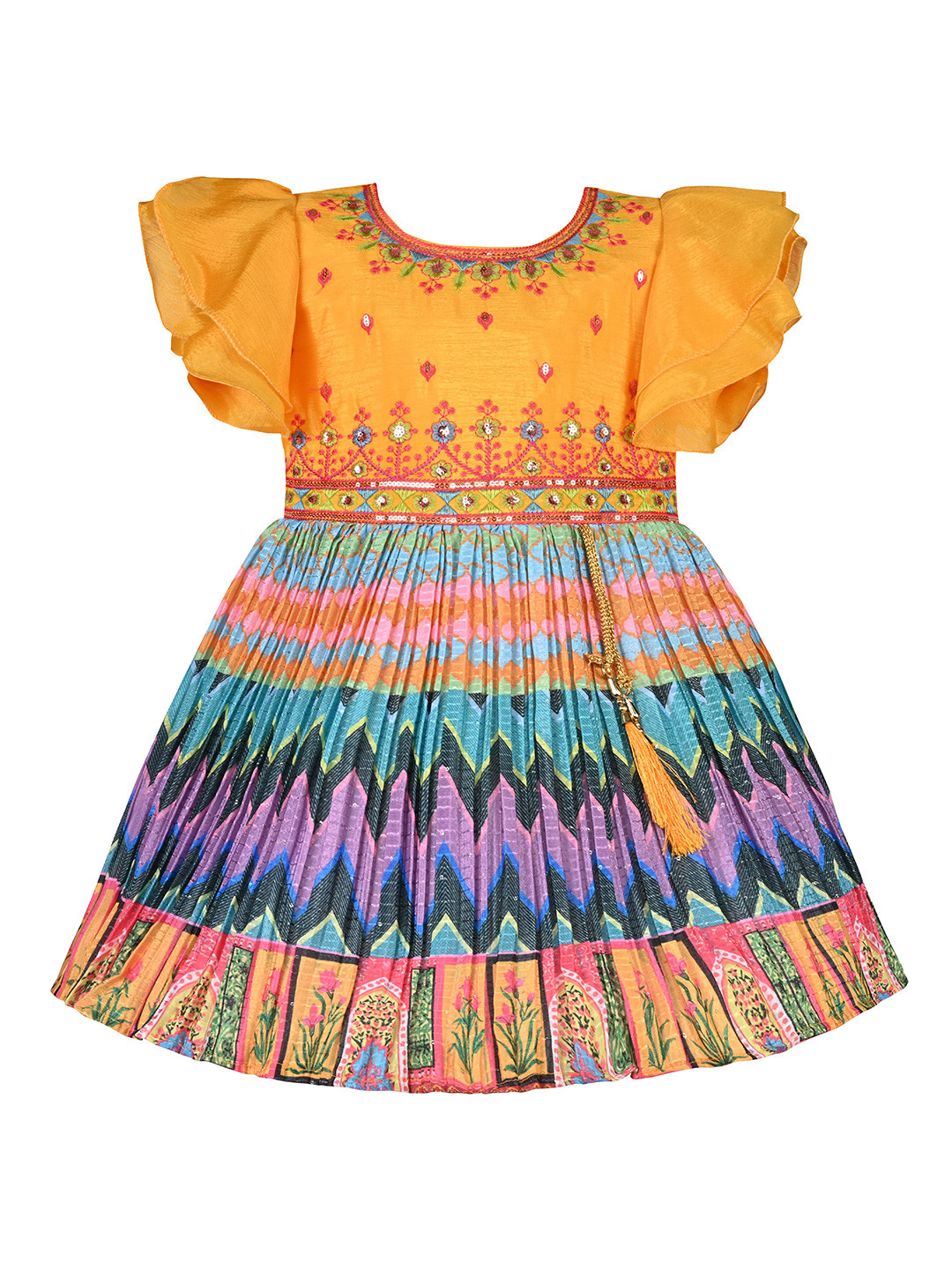 Wish Karo Girls Print Thread Work Flutter Sleeve Satin Fit & Flare Dress