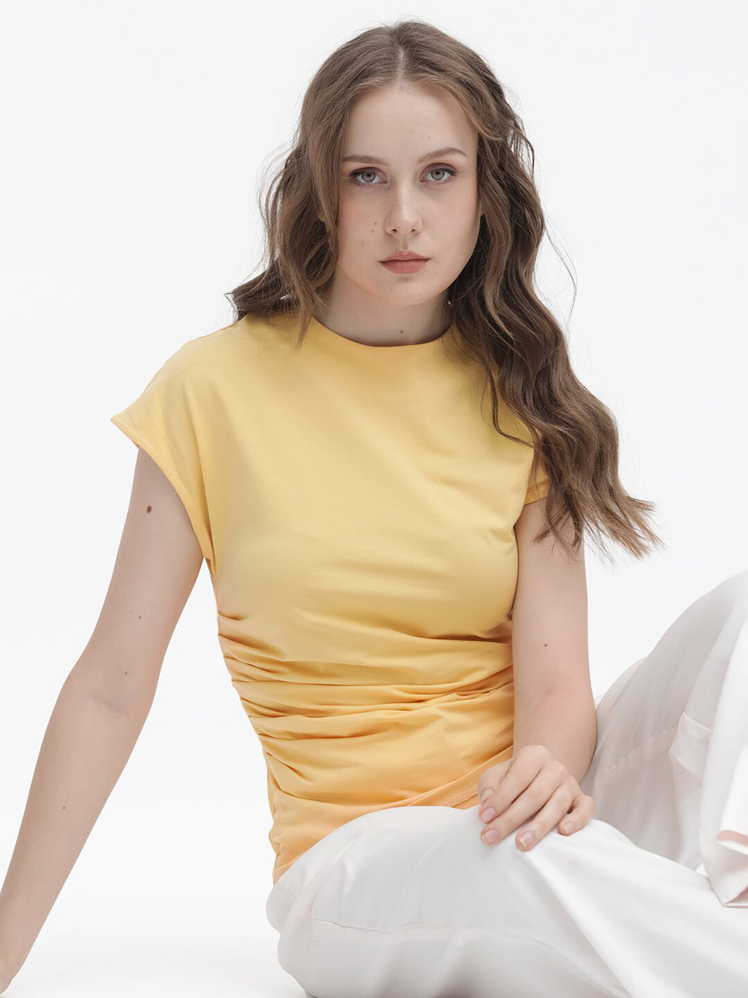 RAREISM Extended Sleeves Ruched Cotton Fitted Top